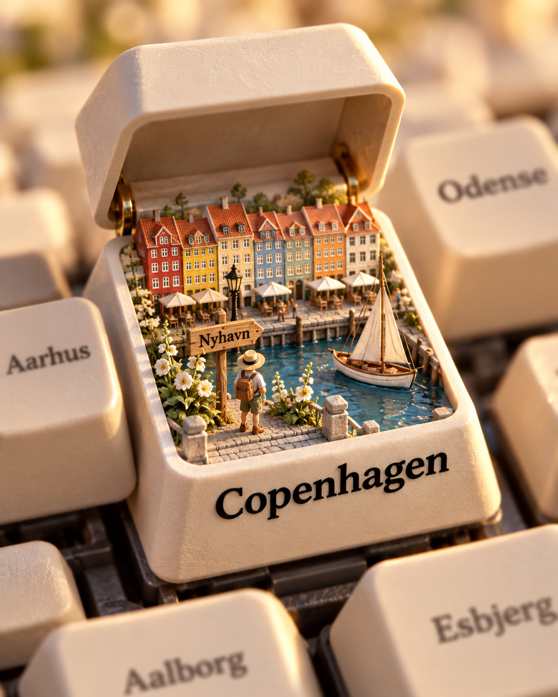 メカニカルキーボードのキーの中のミニチュア旅行名所