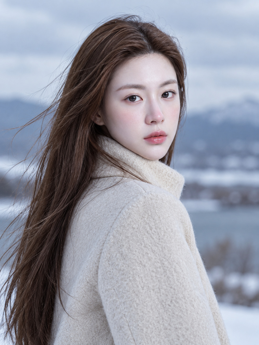 Portrait of an Adult Woman Looking Back in the Cold Wind