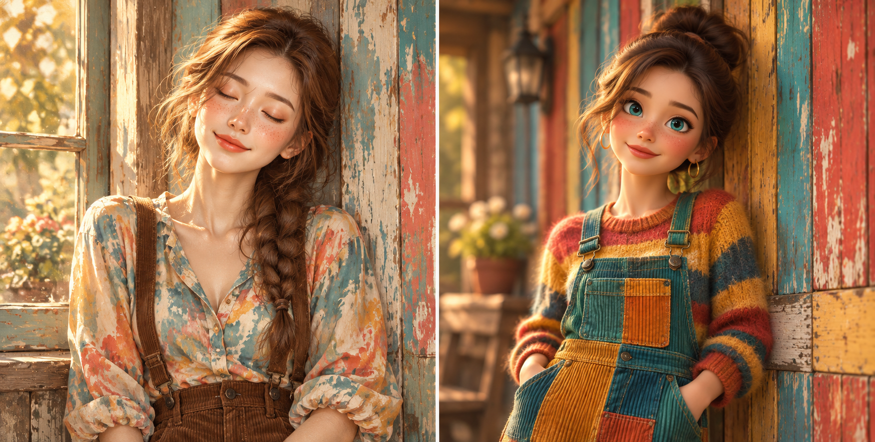 ヴィンテージ木壁の夢幻的な肖像画と3Dアニメキャラクター