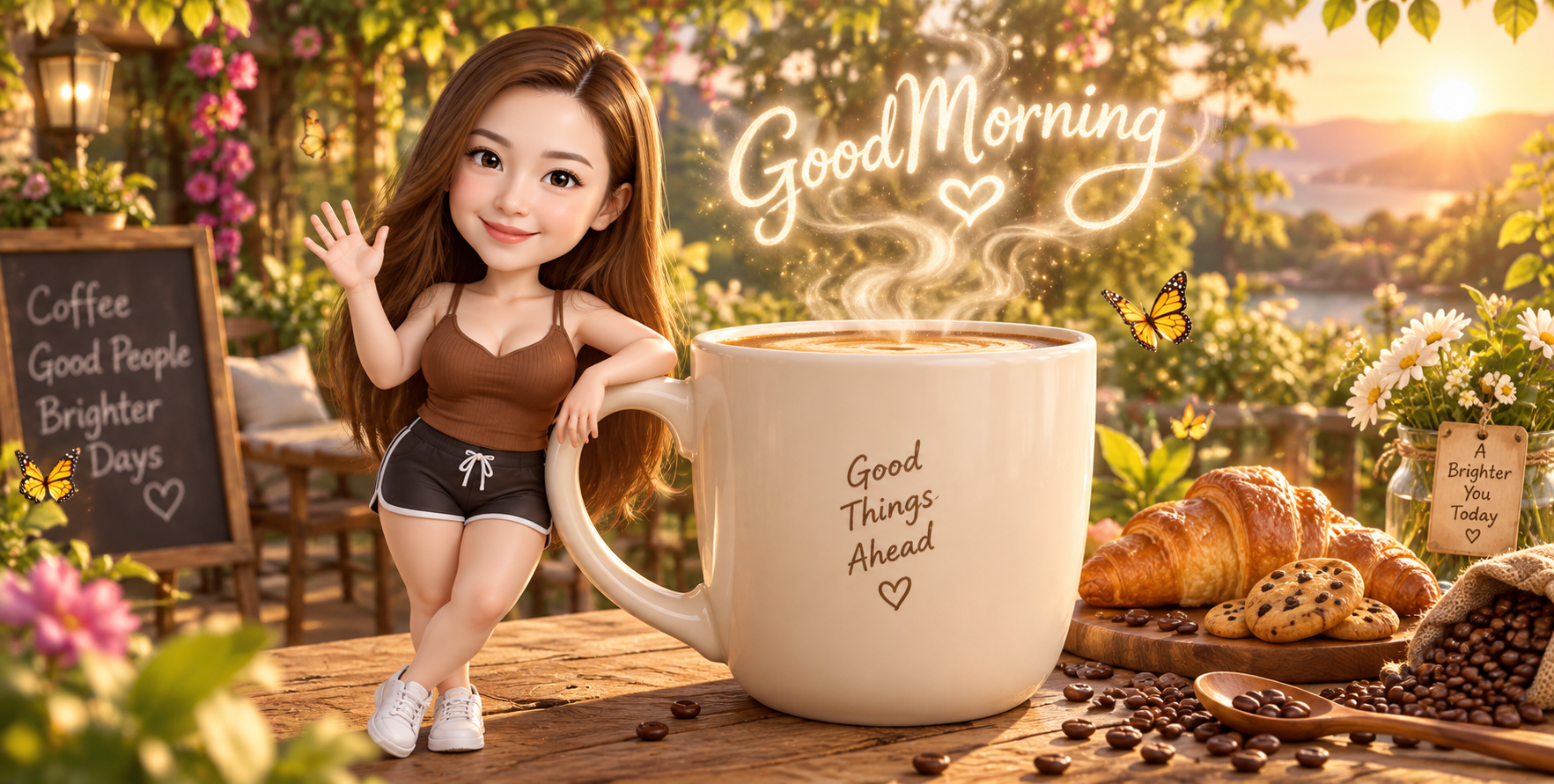 ピクサー風フィリピン人少女とコーヒーと朝の光の3Dカートゥーン