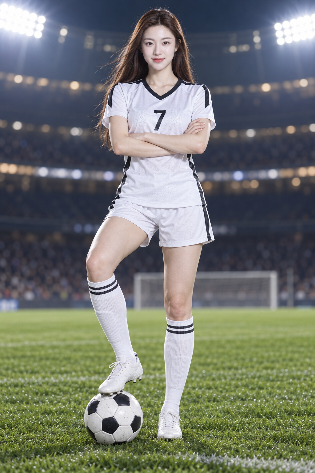 芝生の上に立つ成人女性サッカー選手の全身肖像