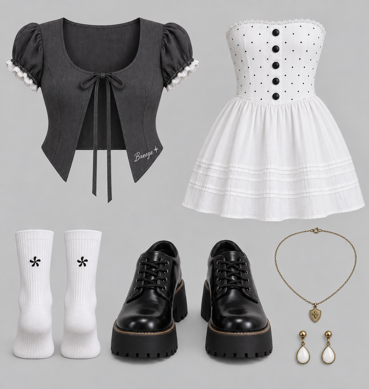 Charcoal Cropped Cape and White Polka-Dot Dress Set