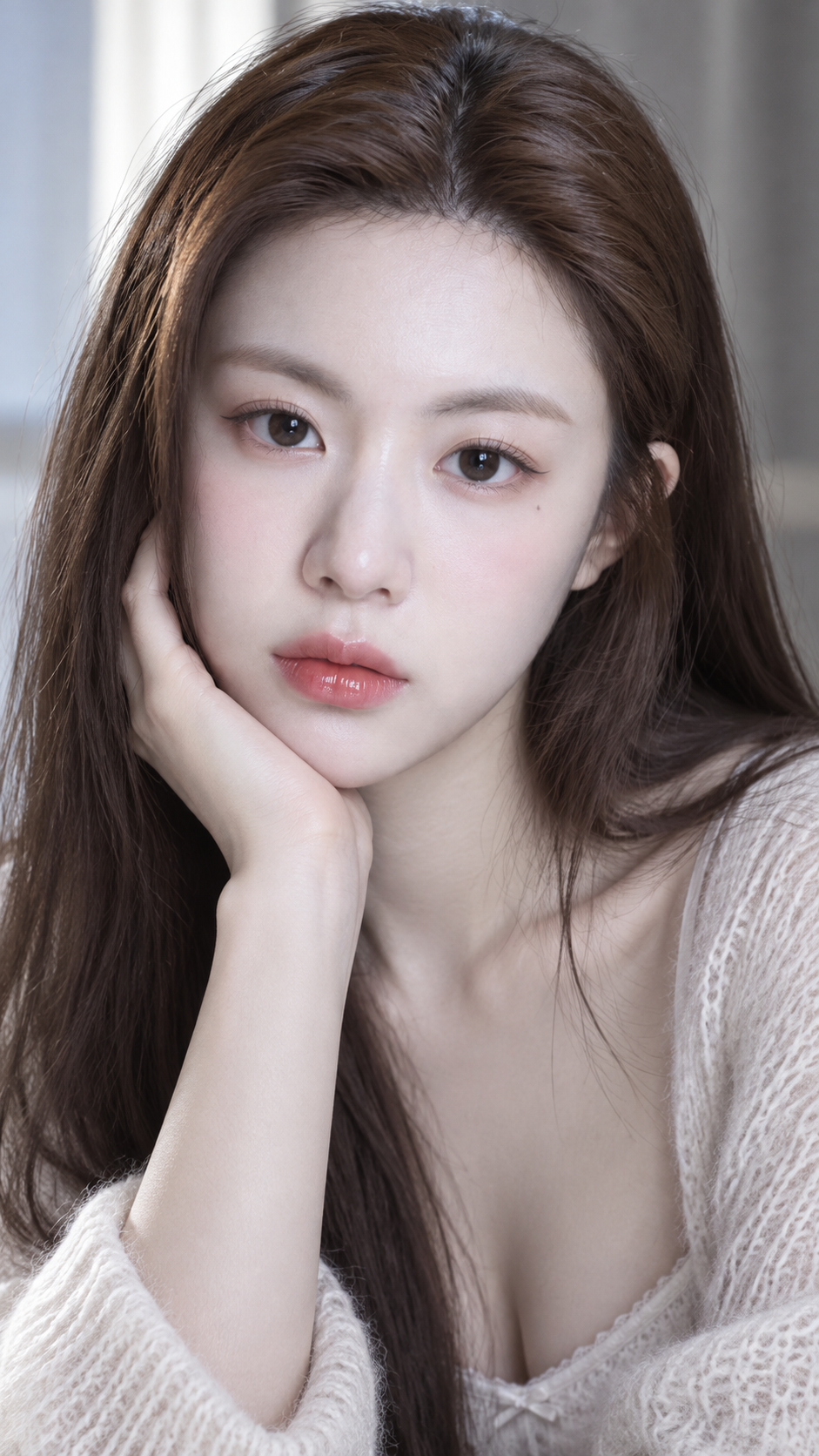 Close-up portrait of a young East Asian woman with a beautiful cat-like face