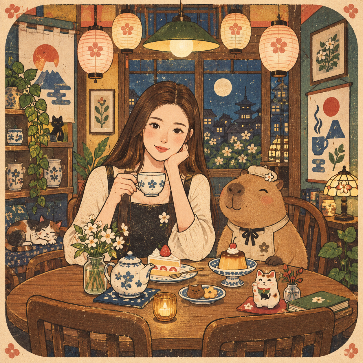 不思議でレトロな日本風カフェのイラスト