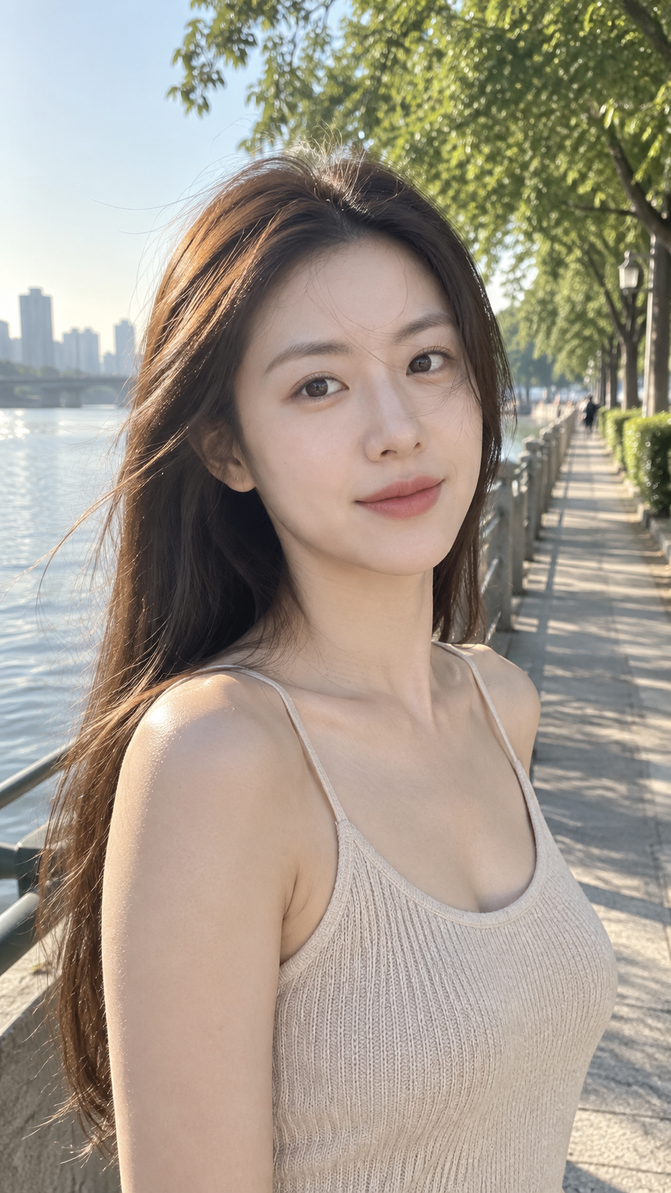 早朝の川辺の遊歩道に立つ成人女性の自然なポートレート