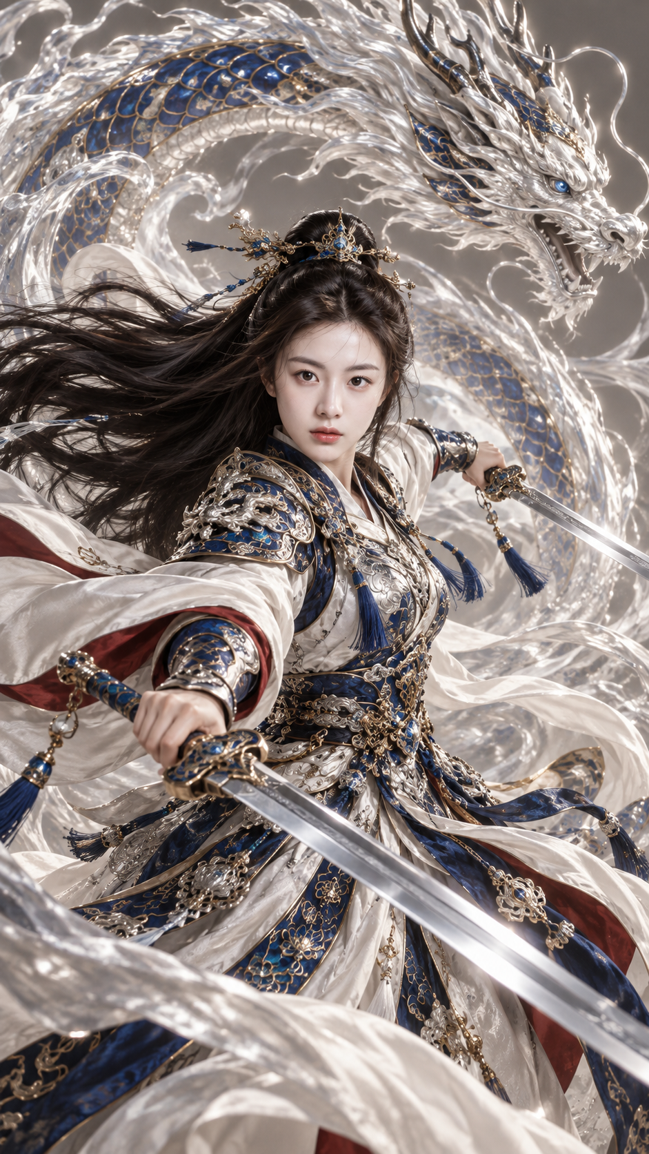 Cloisonné Silver-Armored Dual-Sword Warrior Woman and Divine Dragon