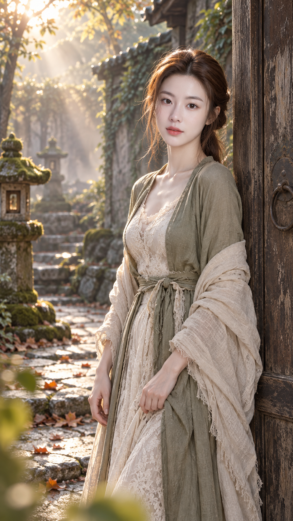 侘寂の日本庭園と朝光の女性ファッションポートレート