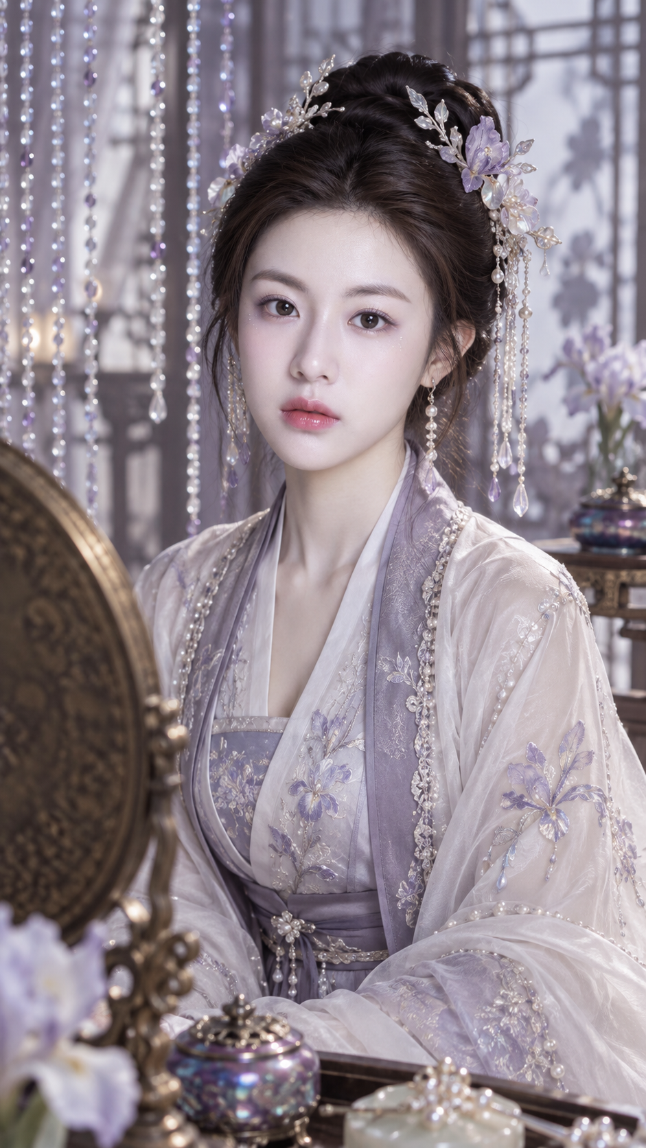 Portrait de maquillage perle argentée brume d'iris d'une noble dame classique orientale