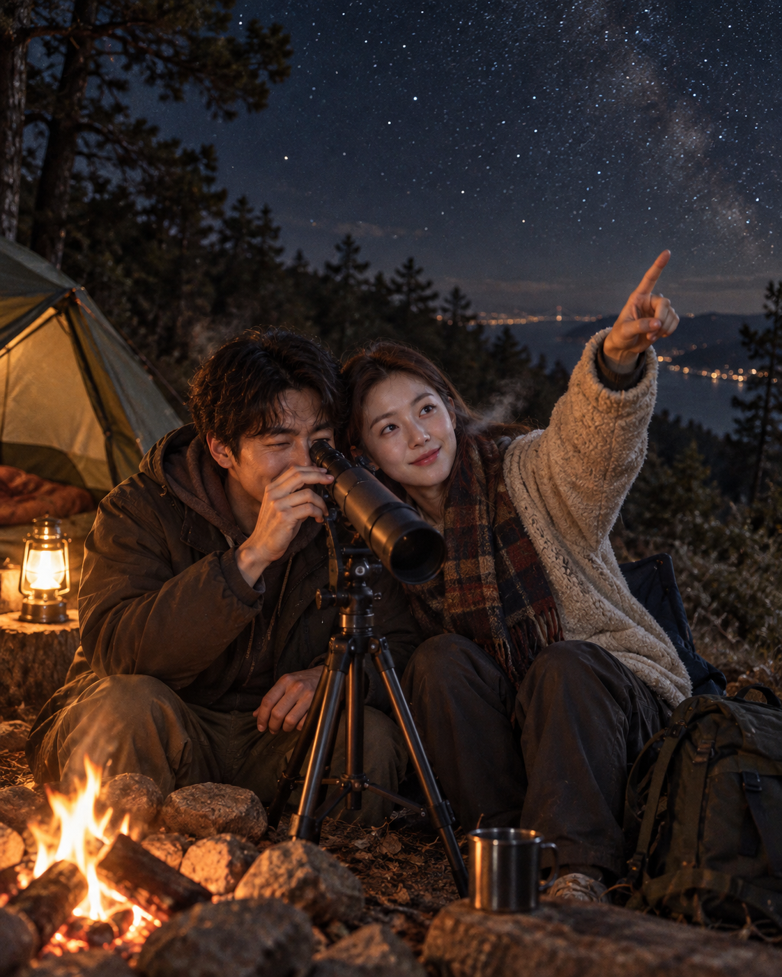 Cinematic Portrait of an Adult Couple Stargazing by the Campfire