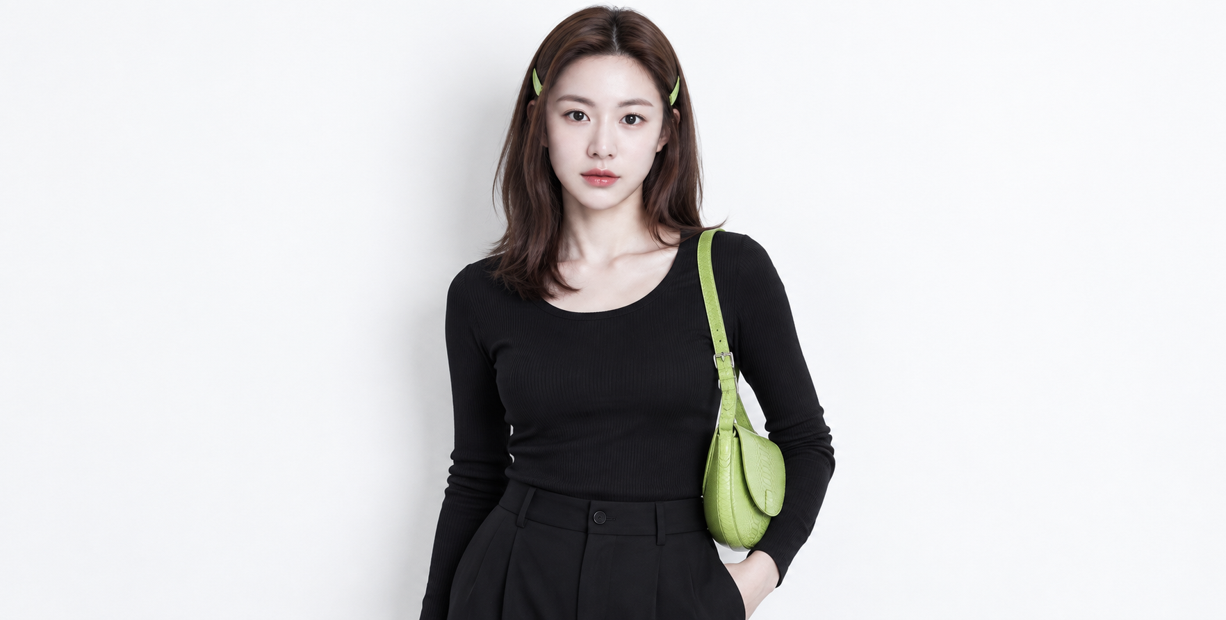 Minimalist Fashion Portrait of a Korean Adult Woman with Lime Green Accessories