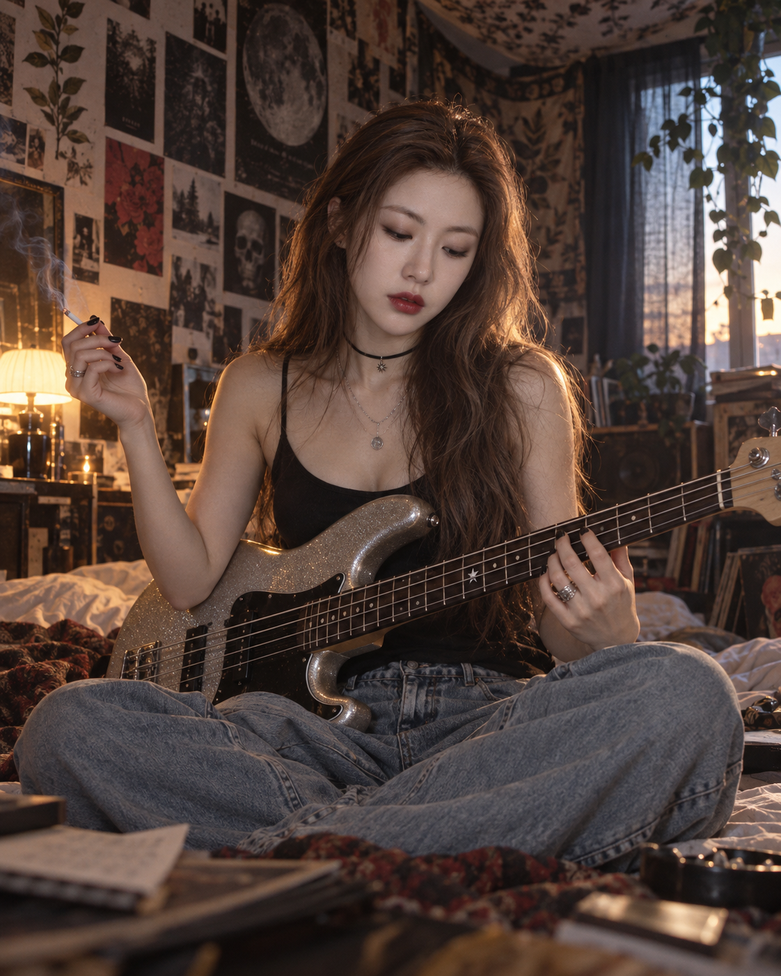 Chân dung phim của nhạc sĩ indie trưởng thành với đàn bass bạc trong phòng ngủ tối