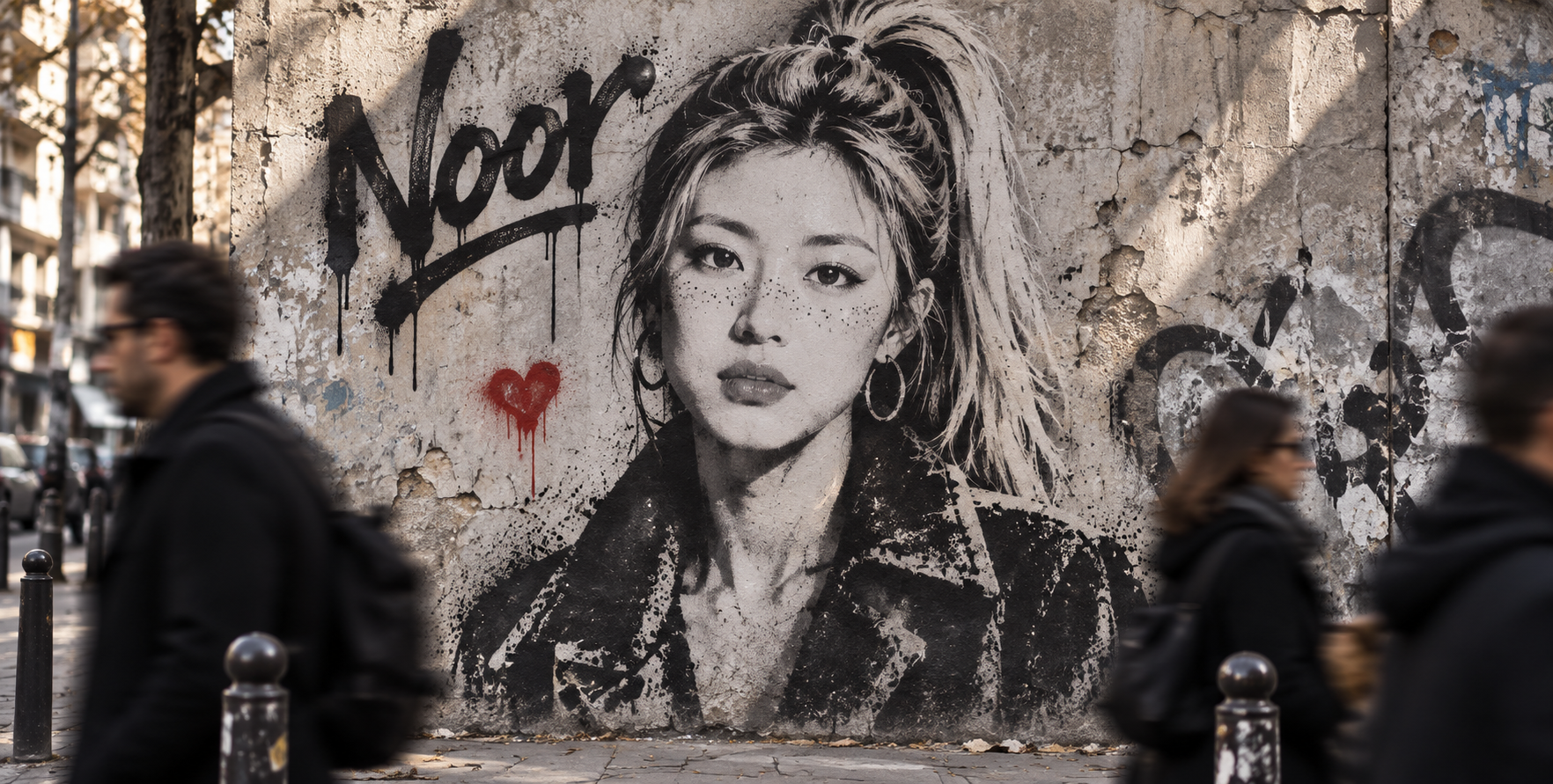 Noor 白黒ステンシルグラフィティの都市街路壁画