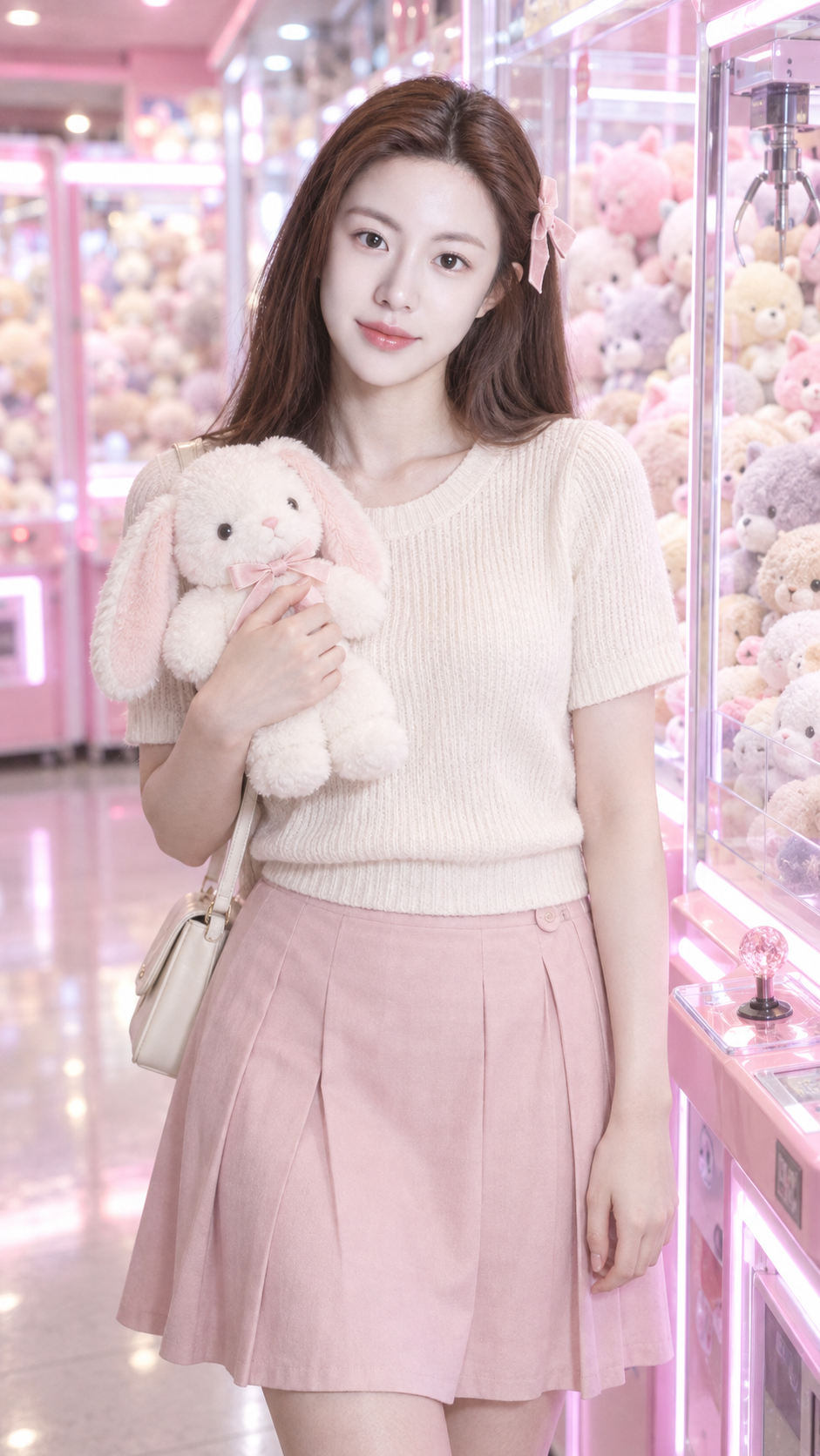 Ảnh chụp tự nhiên người phụ nữ trưởng thành ở tiệm gắp thú bông hồng trắng