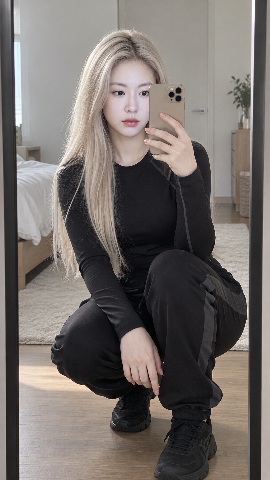 大人女性のアイスプラチナヘア鏡自撮り編集テンプレート