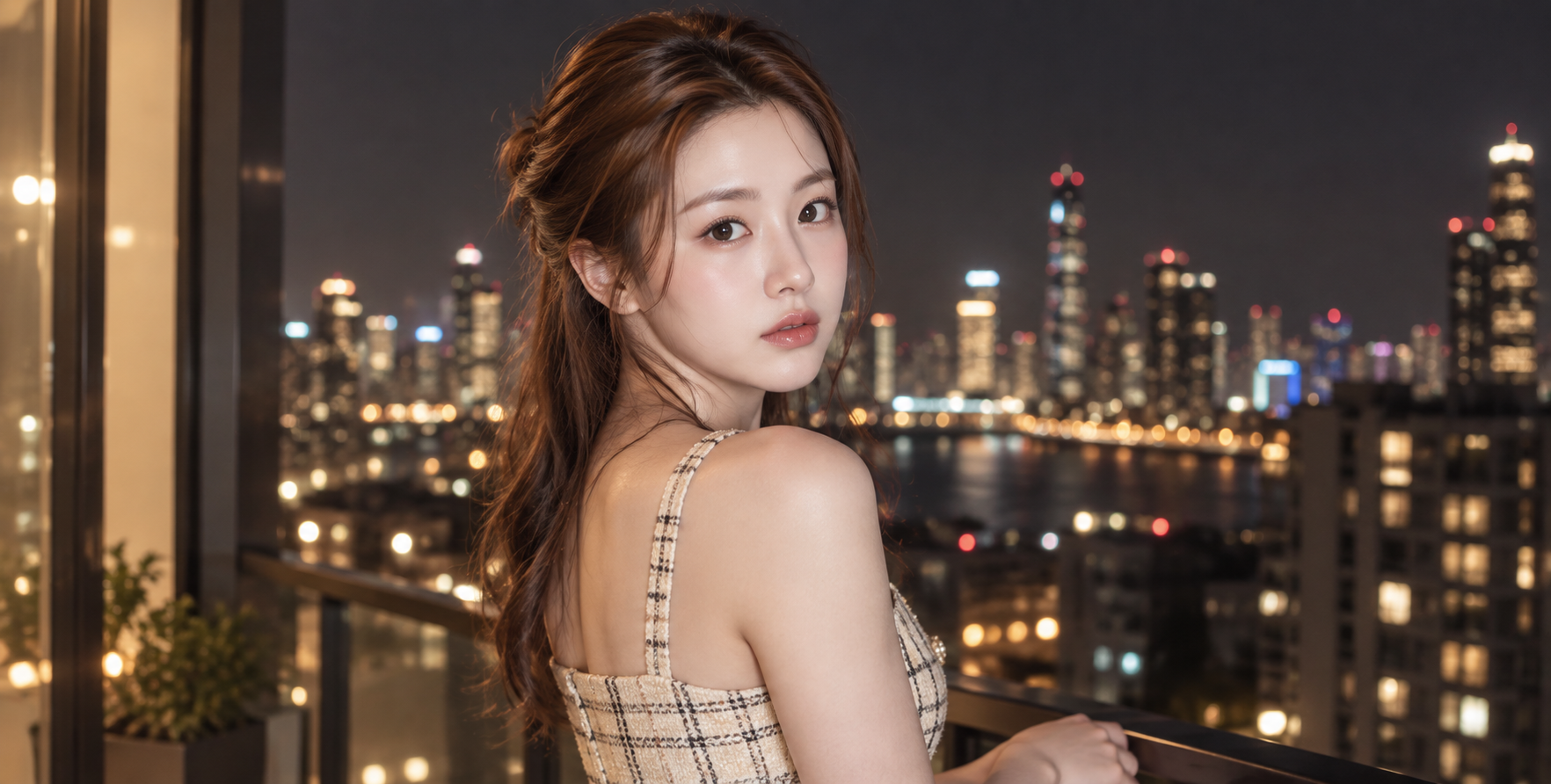 都会の夜景のバルコニーでクリーム色のチェック柄ワンピースを着た成人女性の肖像