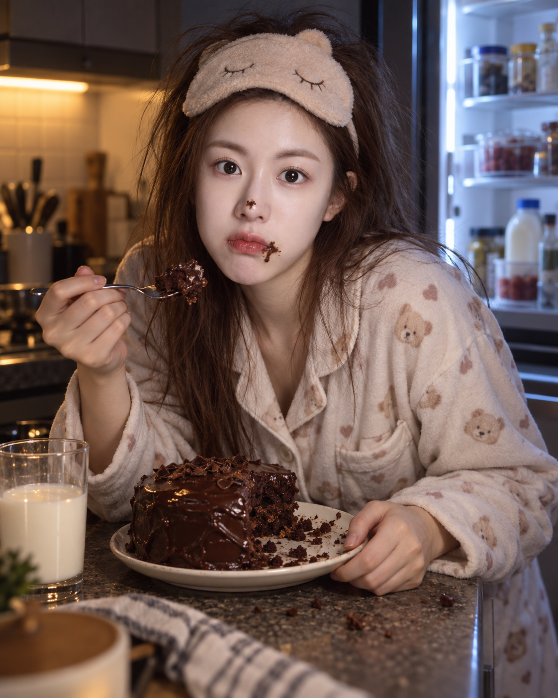Ảnh chụp hài hước người phụ nữ trưởng thành lén ăn bánh sô-cô-la đêm khuya