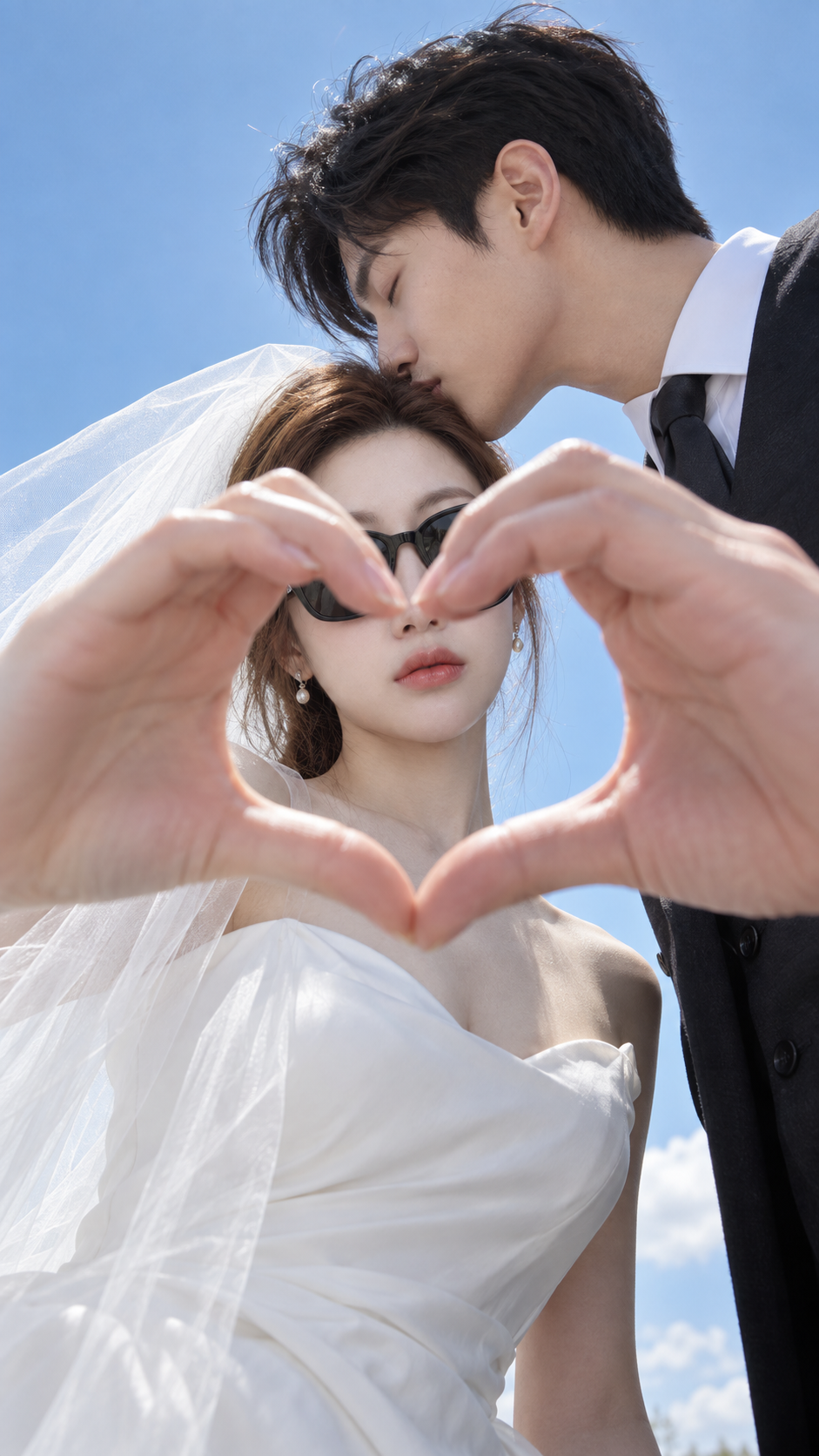 Portrait of Two Adult Partners Making a Heart Gesture at Their Wedding Under a Blue Sky