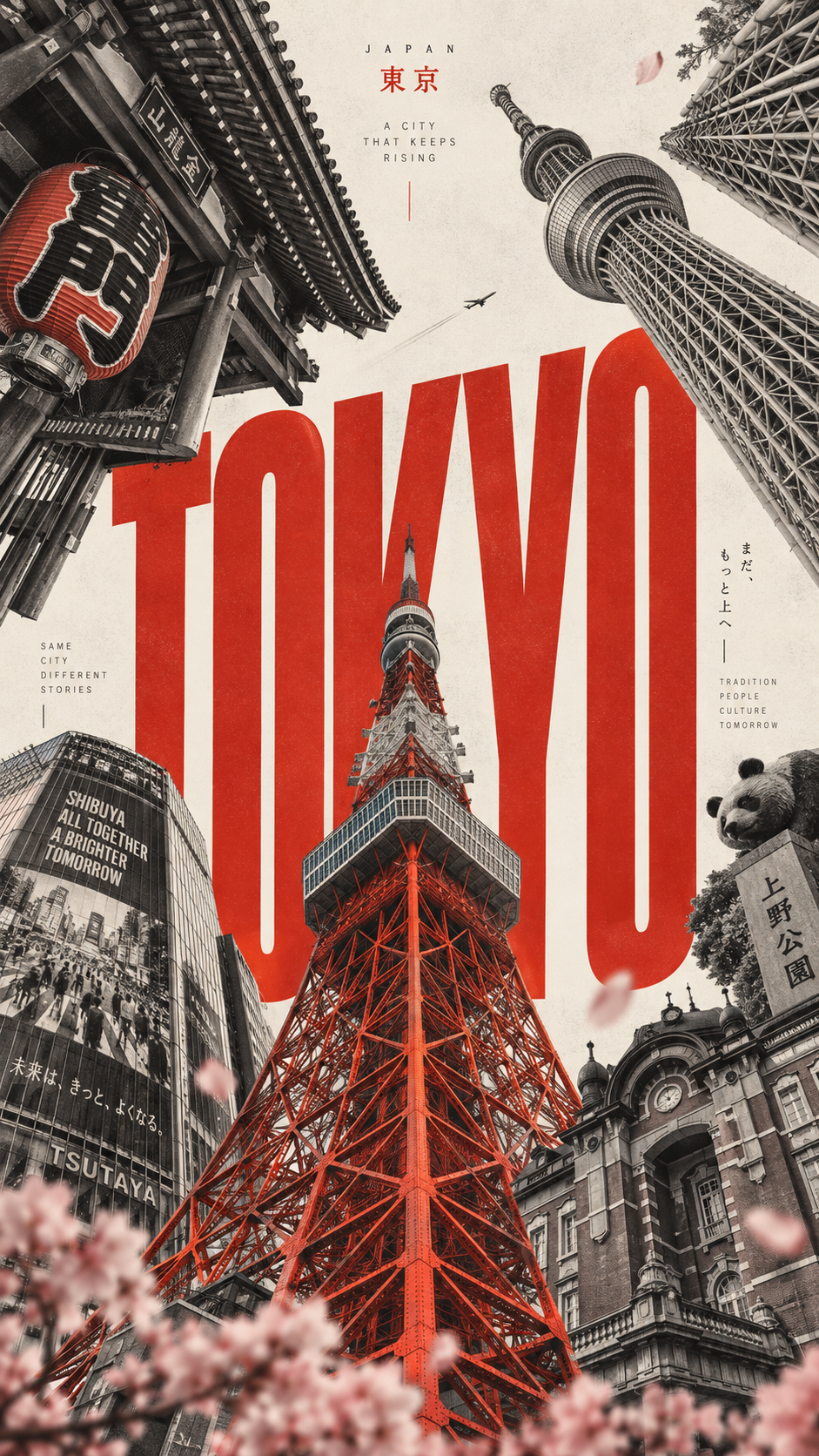 ミニマリスト都市ランドマークコラージュ縦型ポスター