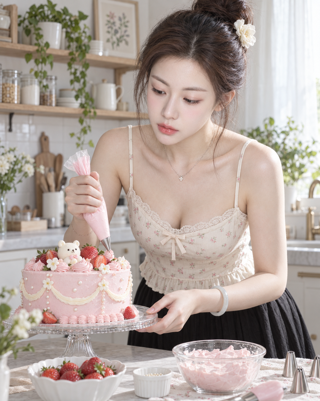 Jeune fille japonaise décorant un gâteau ours aux fraises