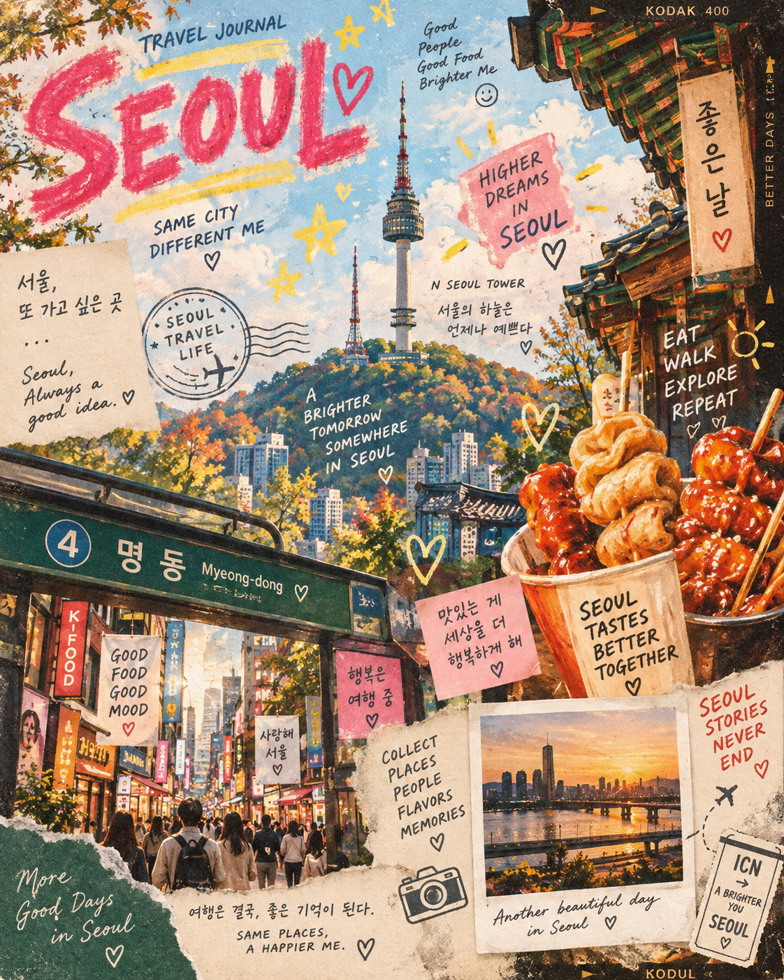 Vibrant Seoul Travel Hand-Drawn Doodle Poster