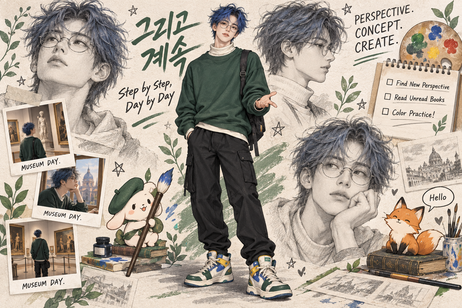 Thiết kế nhân vật nghệ sĩ trưởng thành tóc xanh và poster collage sáng tạo