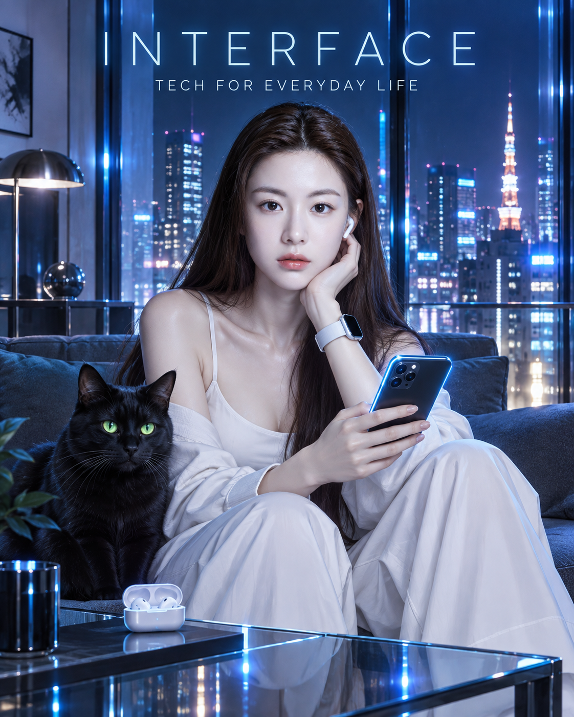 Áp phích minh họa Nhật Bản công nghệ tương lai với phụ nữ trưởng thành và mèo đen