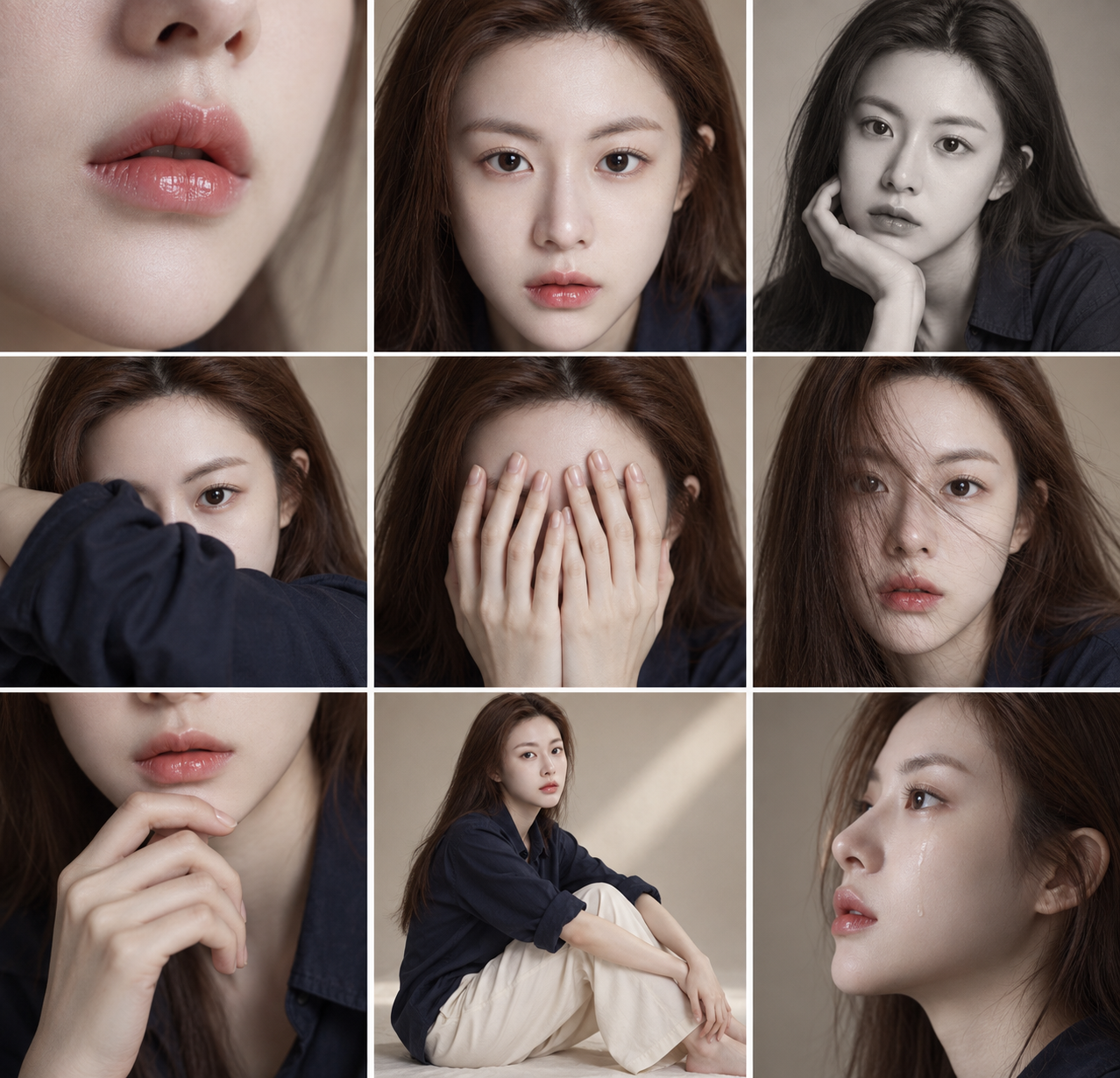 ベージュのスタジオで撮る成人女性のミニマルな雑誌グリッド写真