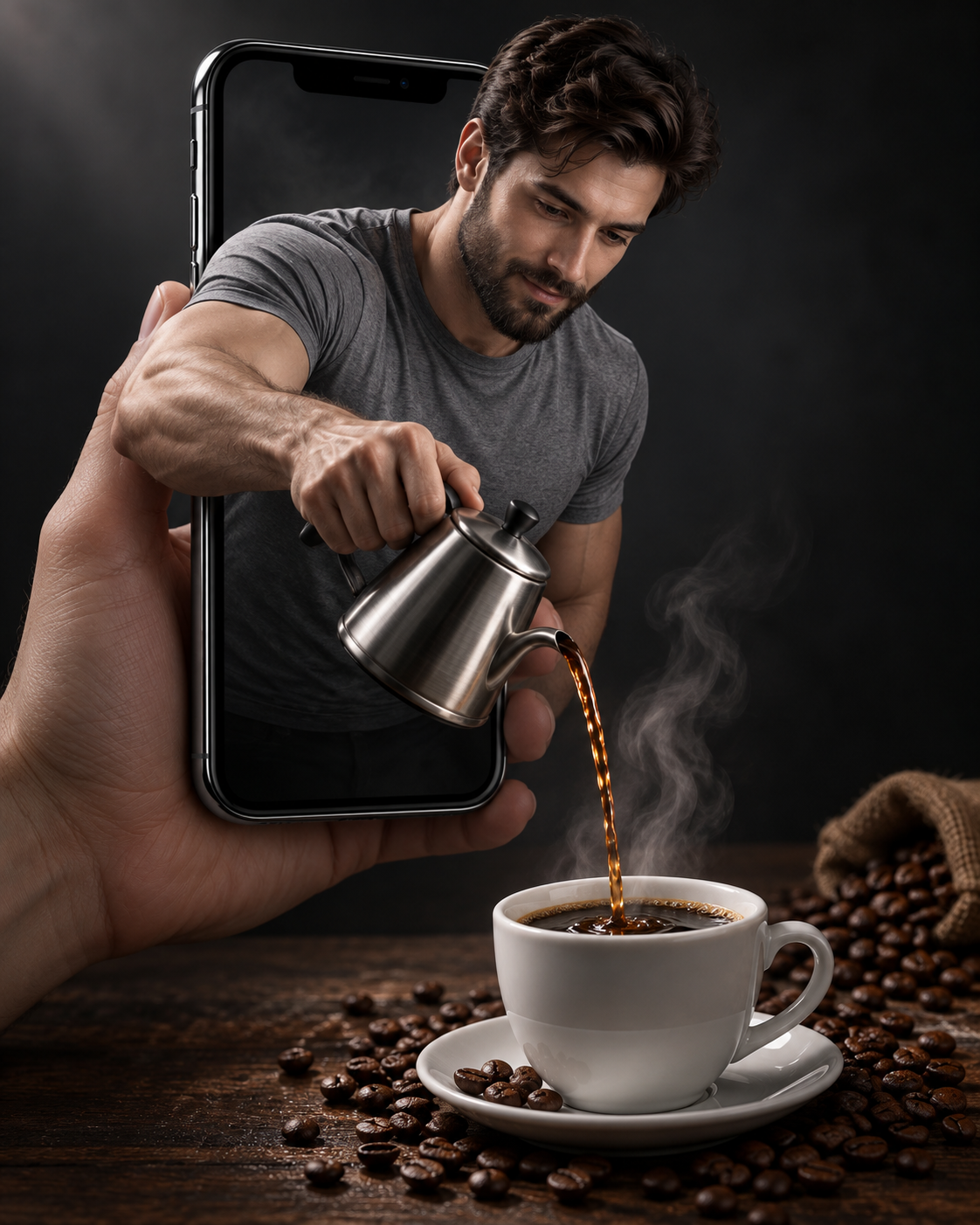 スマホ画面にコーヒーを注ぐ成人男性のシュールな広告写真