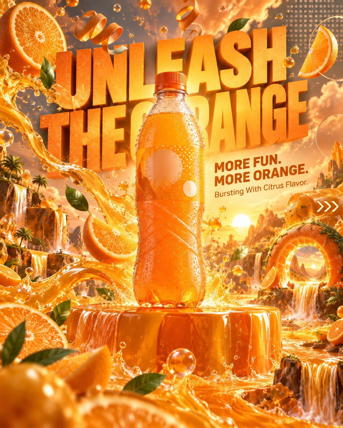 Affiche publicitaire 3D sans marque, fantaisie de bulles de soda à l'orange