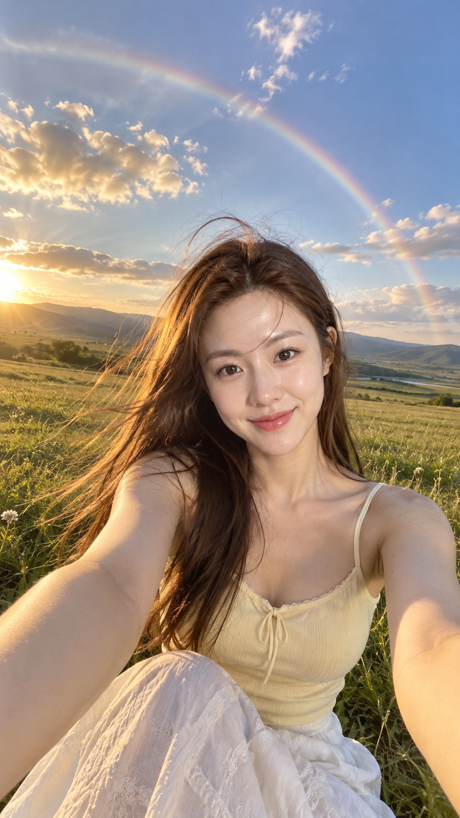 草原の夕日と虹の下で自撮りする成人東アジア女性