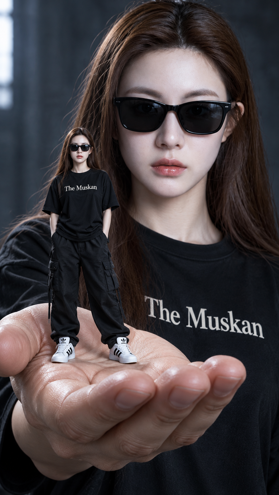 巨大な手がミニチュアの自分を包む映画的奇観