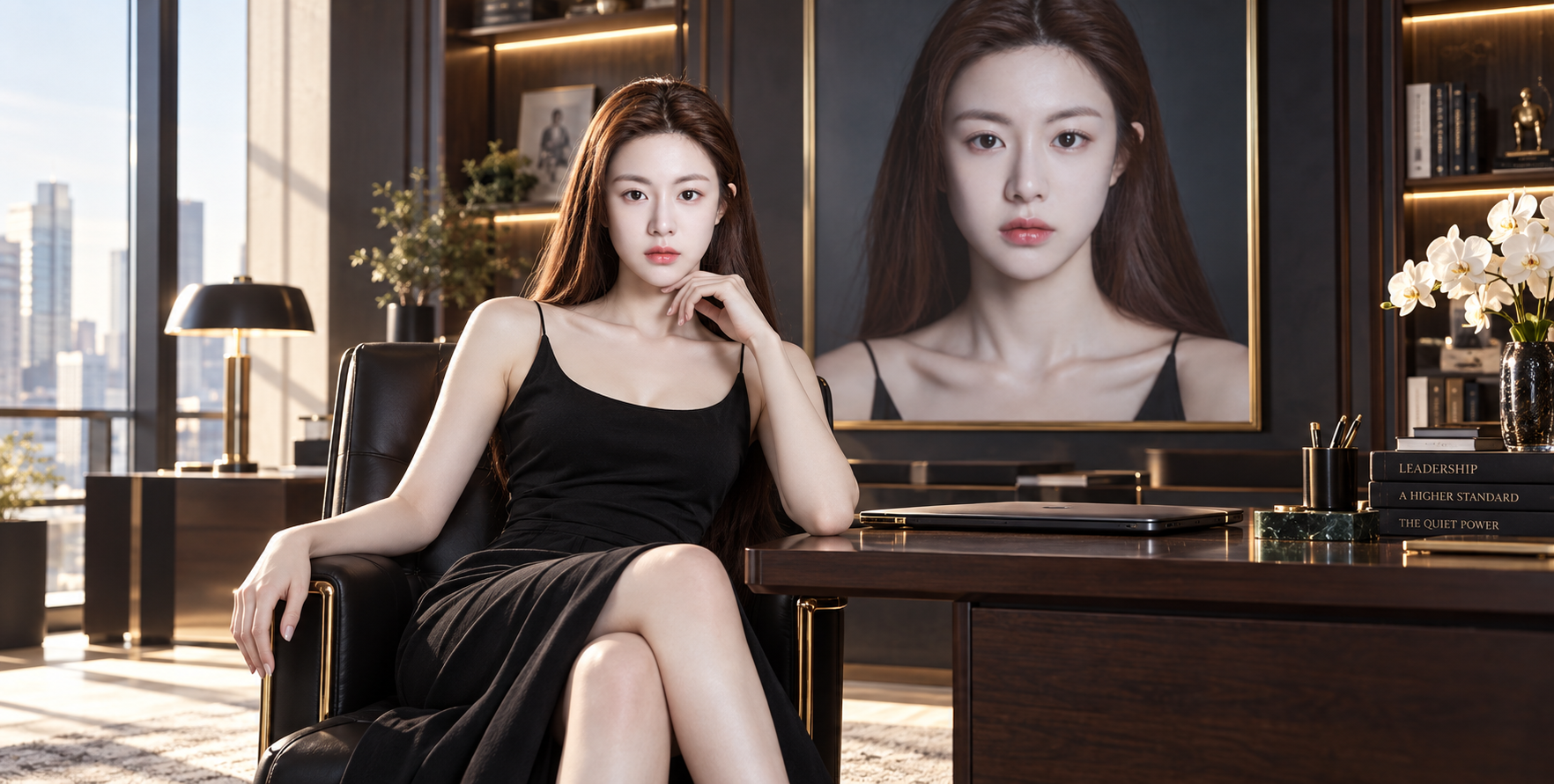 Elegant Career Woman in Luxurious Light with a Giant Background Portrait