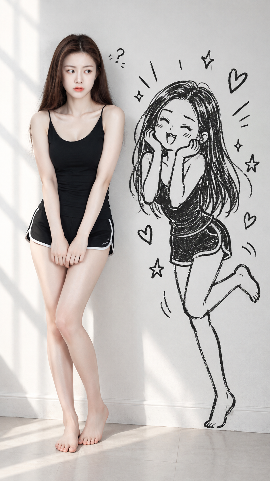 Real Person Interacting with Wall Graffiti Shadow Portrait