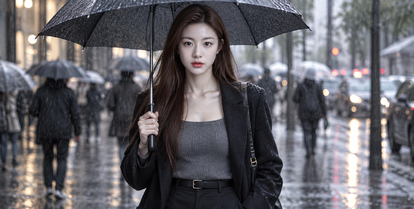 An elegant figure walking with an umbrella on a bustling rainy street