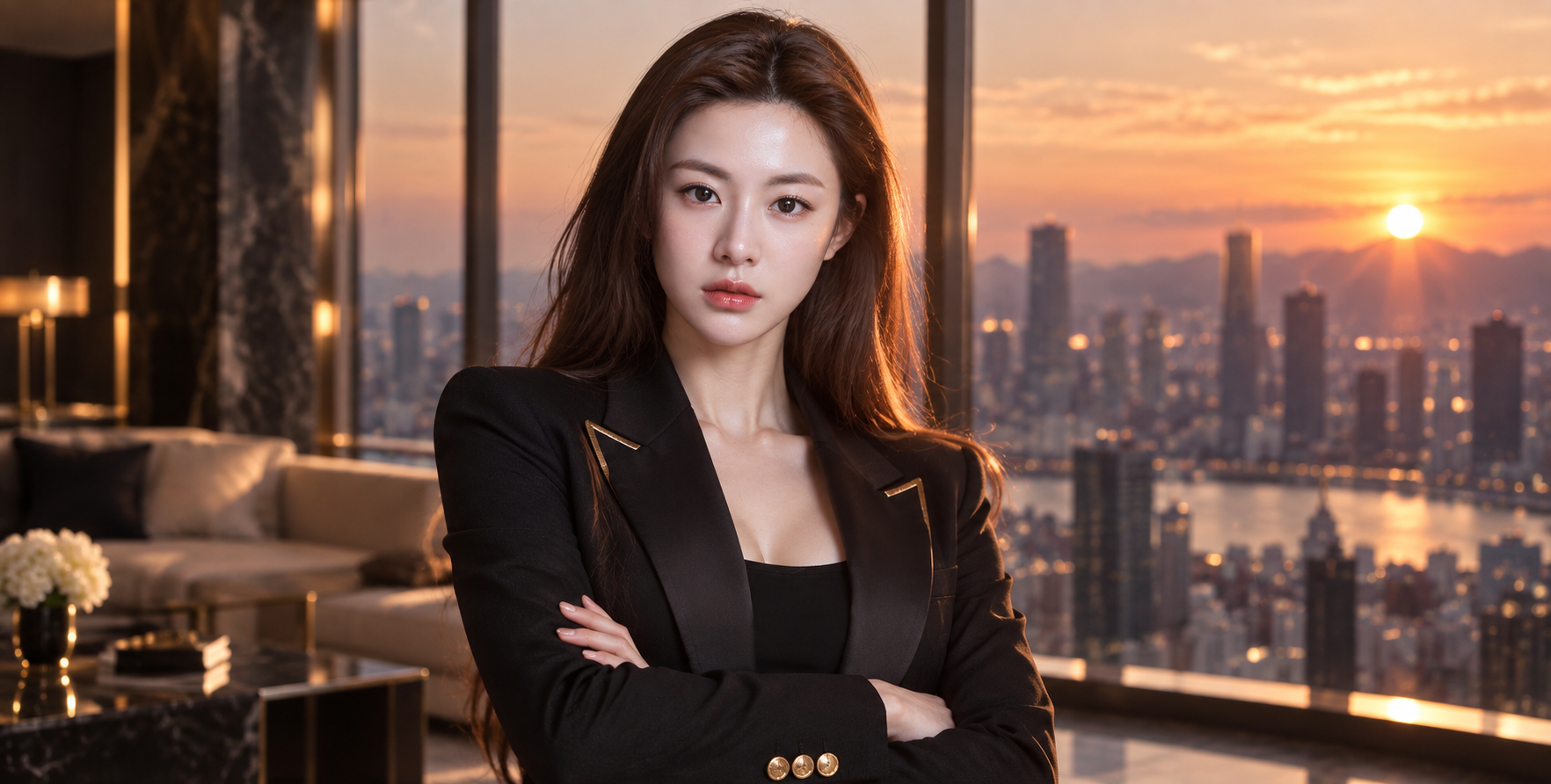 ペントハウスで黒いスーツを着た成人著名人のラグジュアリーポートレート