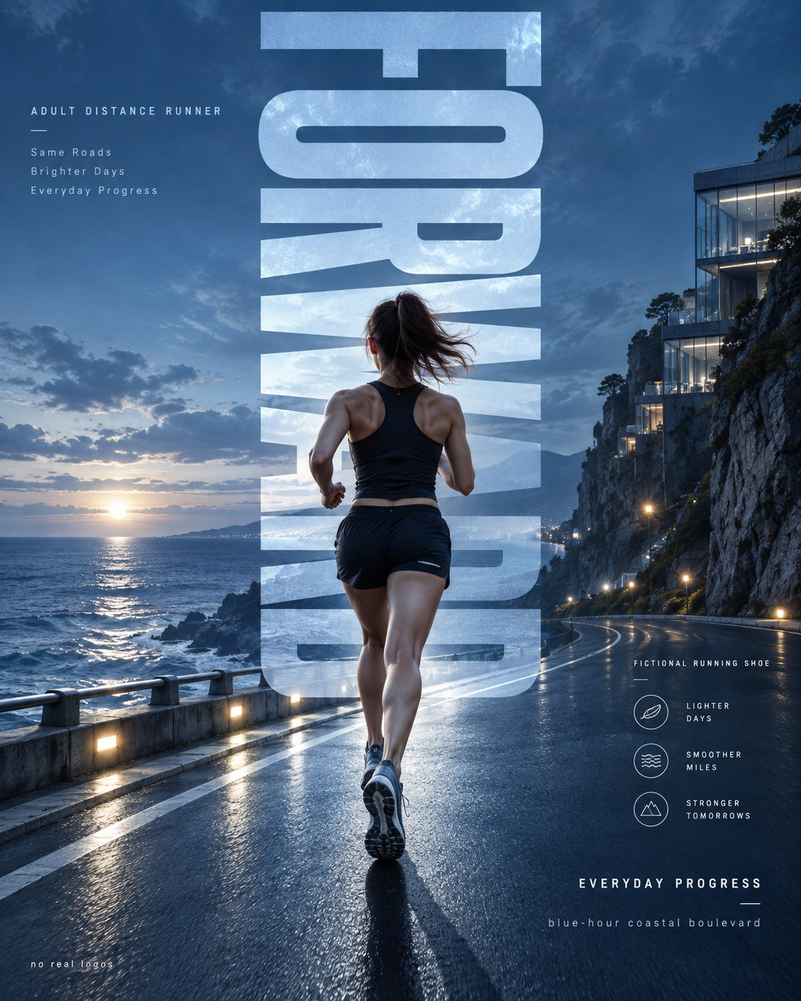 Blue Seaside Persistence Themed Fictional Running Shoe Poster