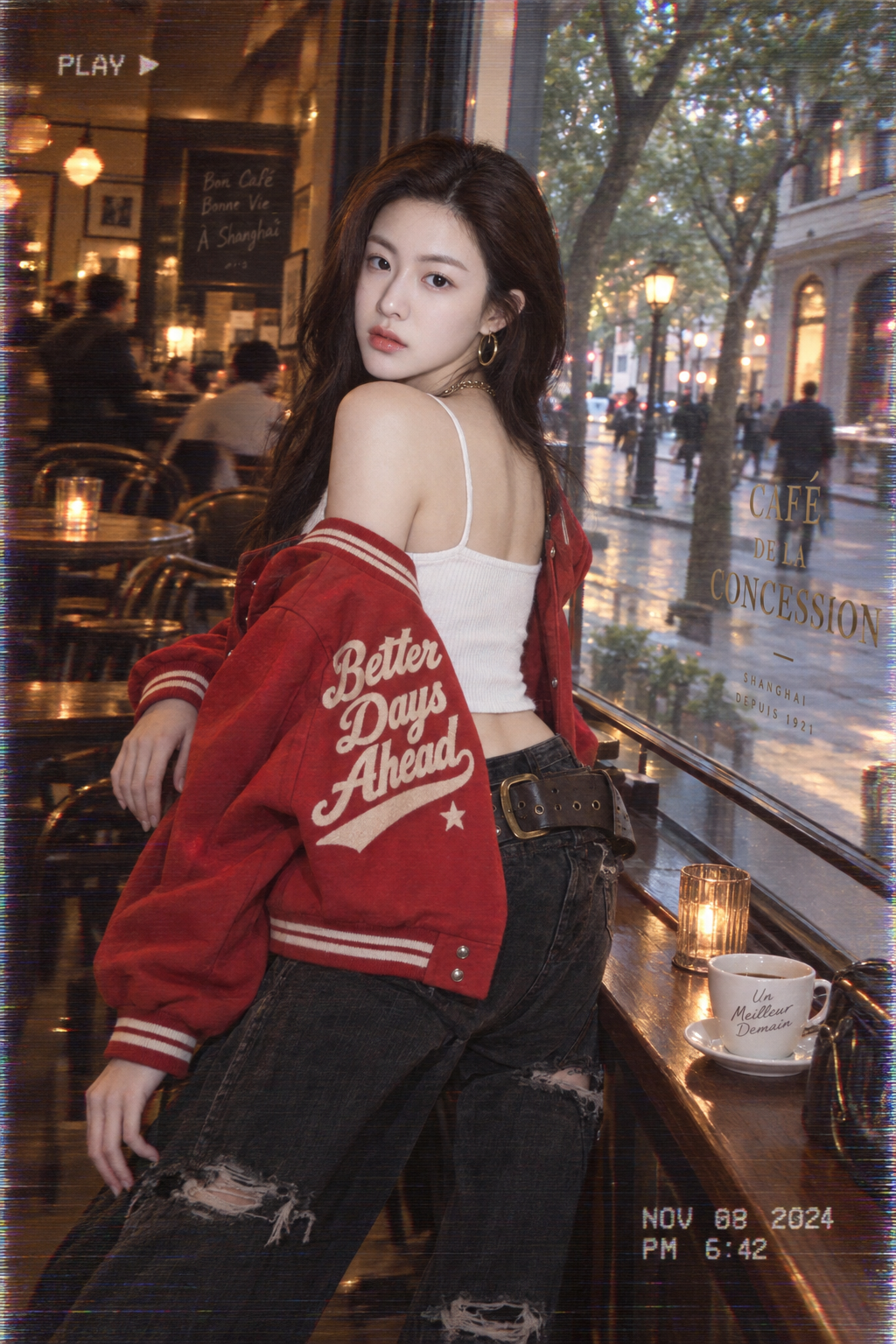 Street Snap of Asian Woman in Red Baseball Jacket