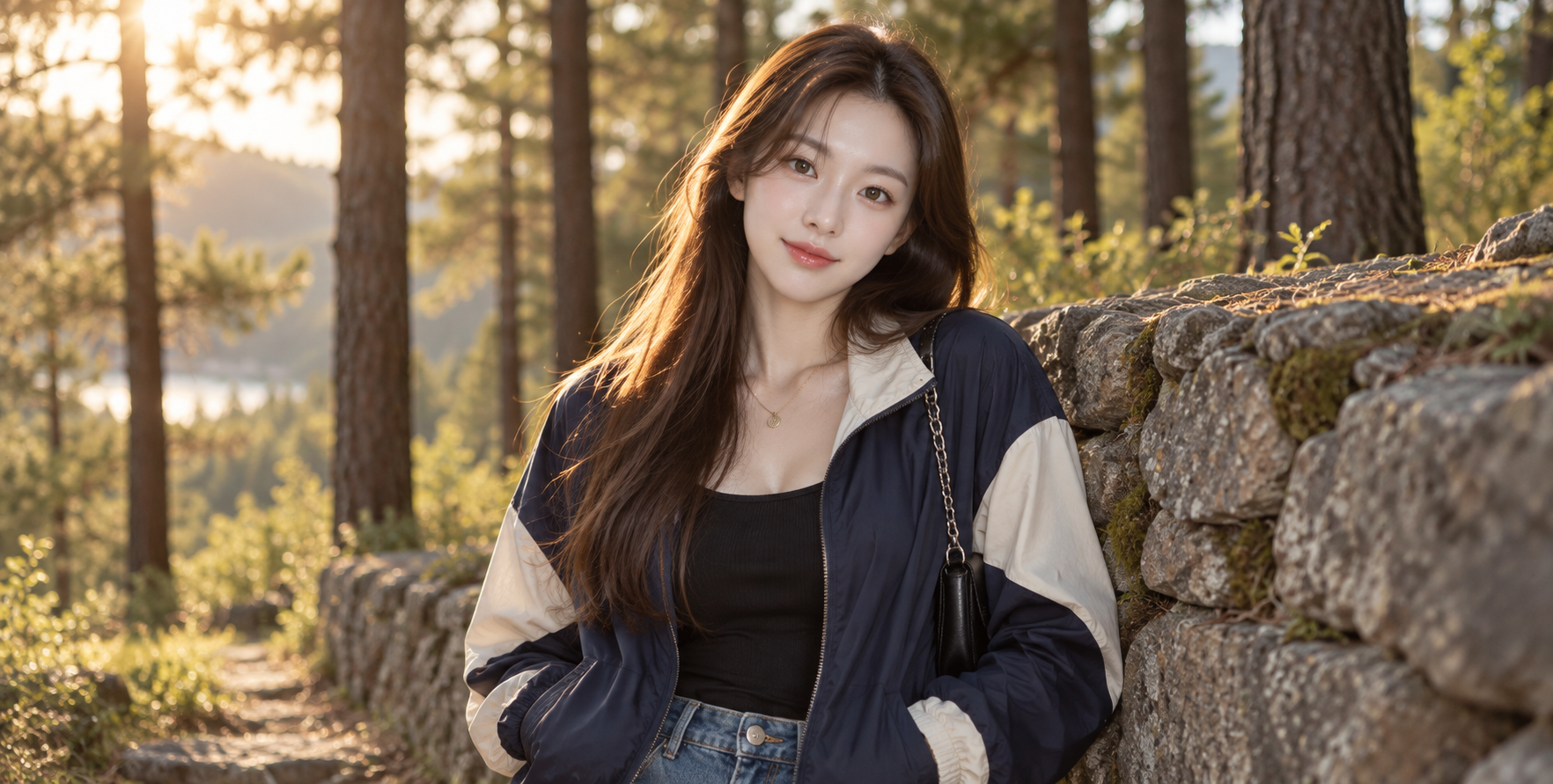 Young Woman in Sunlight by a Stone Wall in a Pine Forest