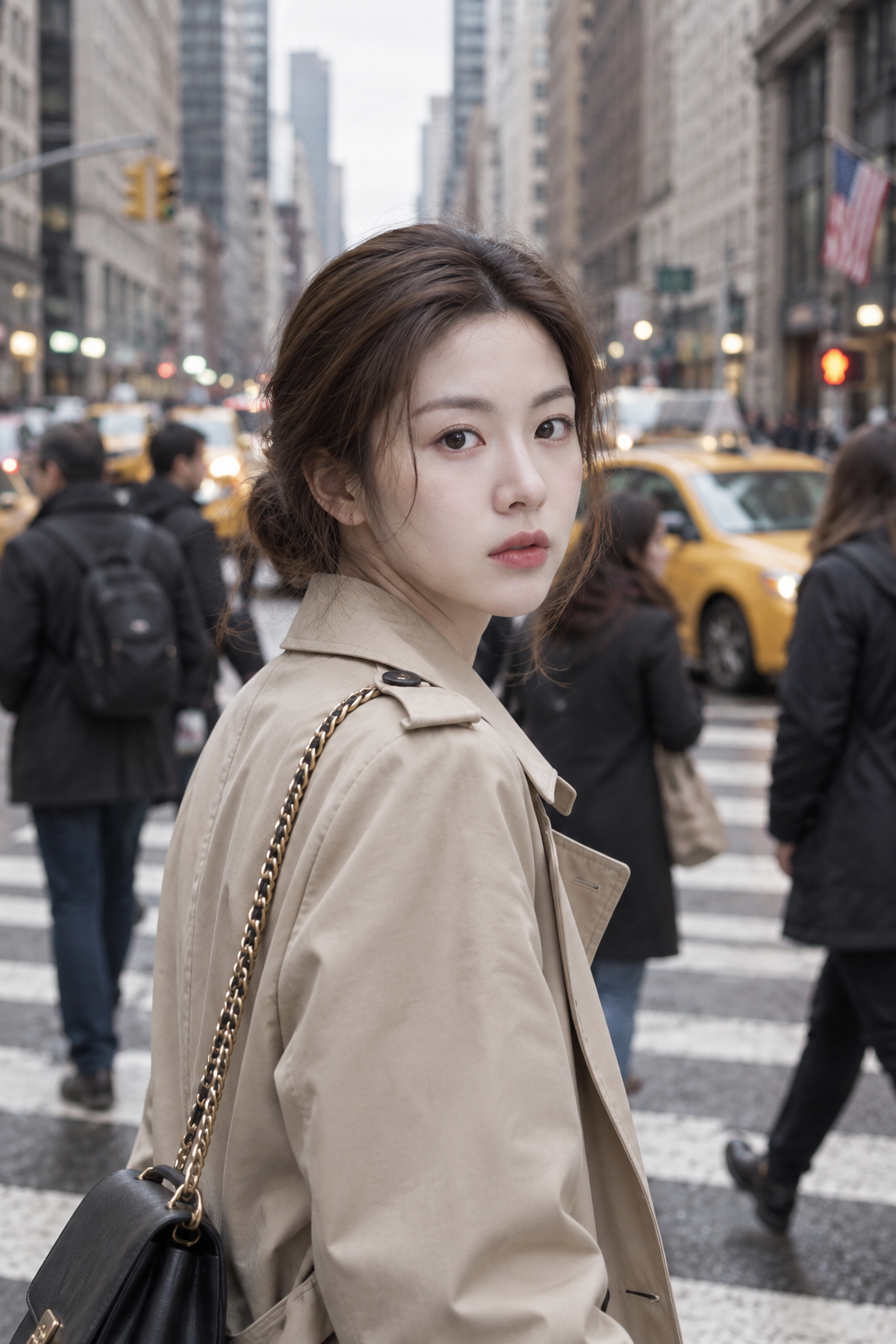 都市の交差点でトレンチコートの成人女性が振り返るドキュメンタリー