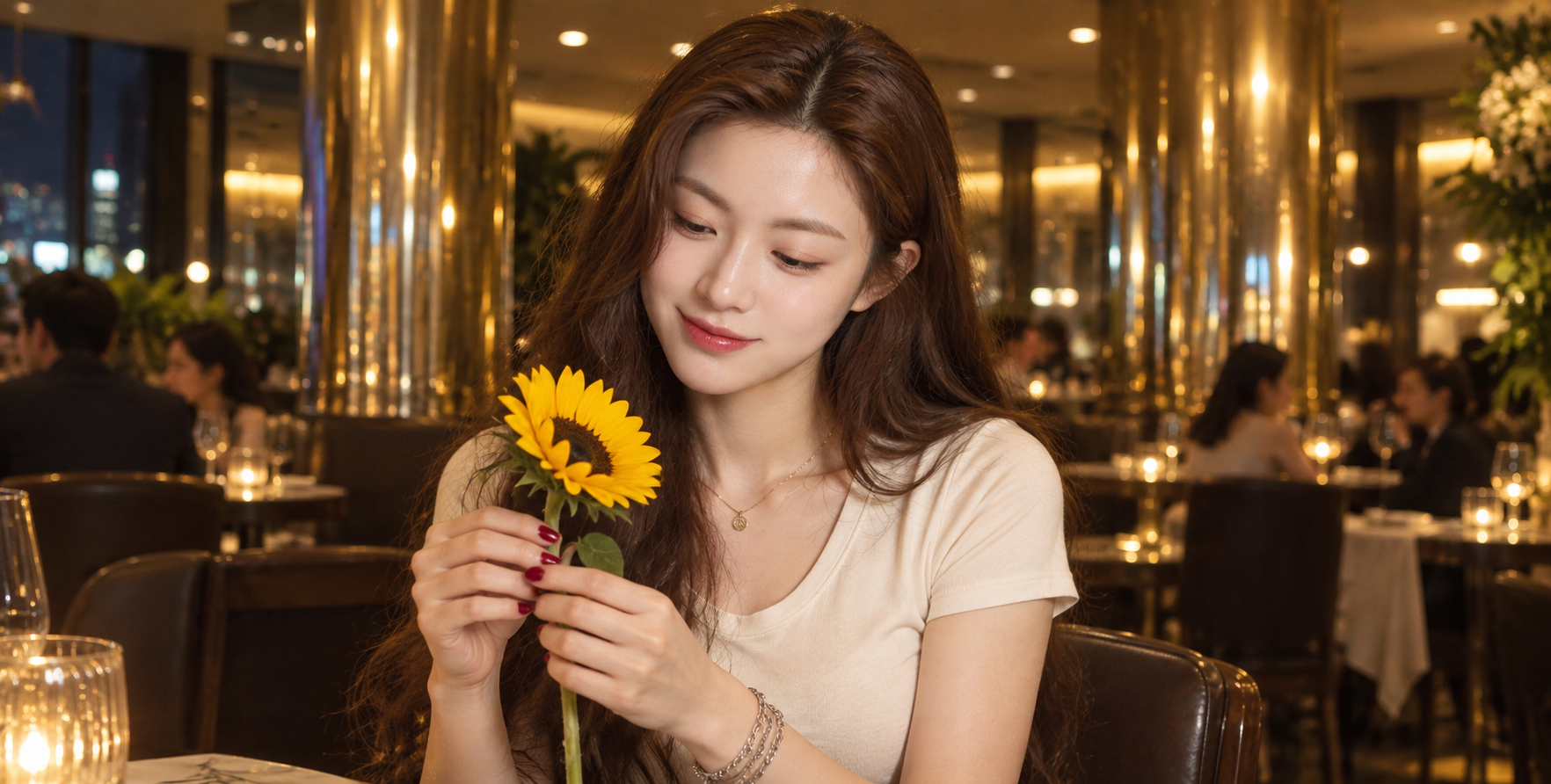 Portrait d'un adulte tenant un tournesol dans un restaurant aux tons chauds