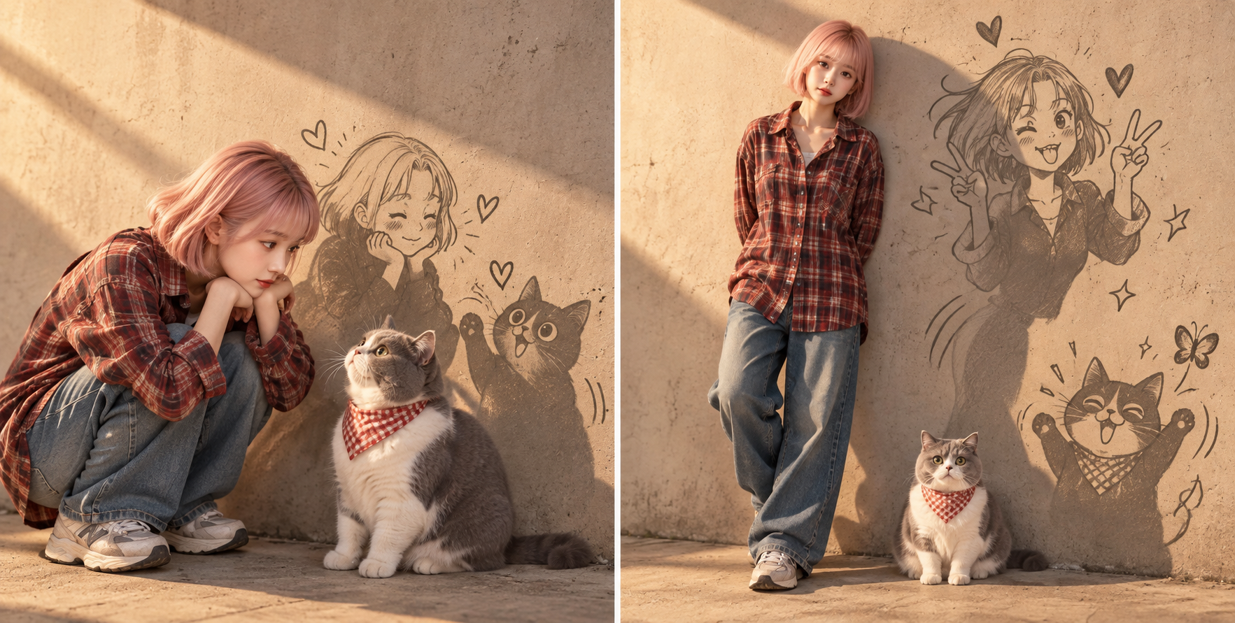 ピンク髪の成人女性とブリティッシュショートヘア猫のアニメ・影の二重バージョン