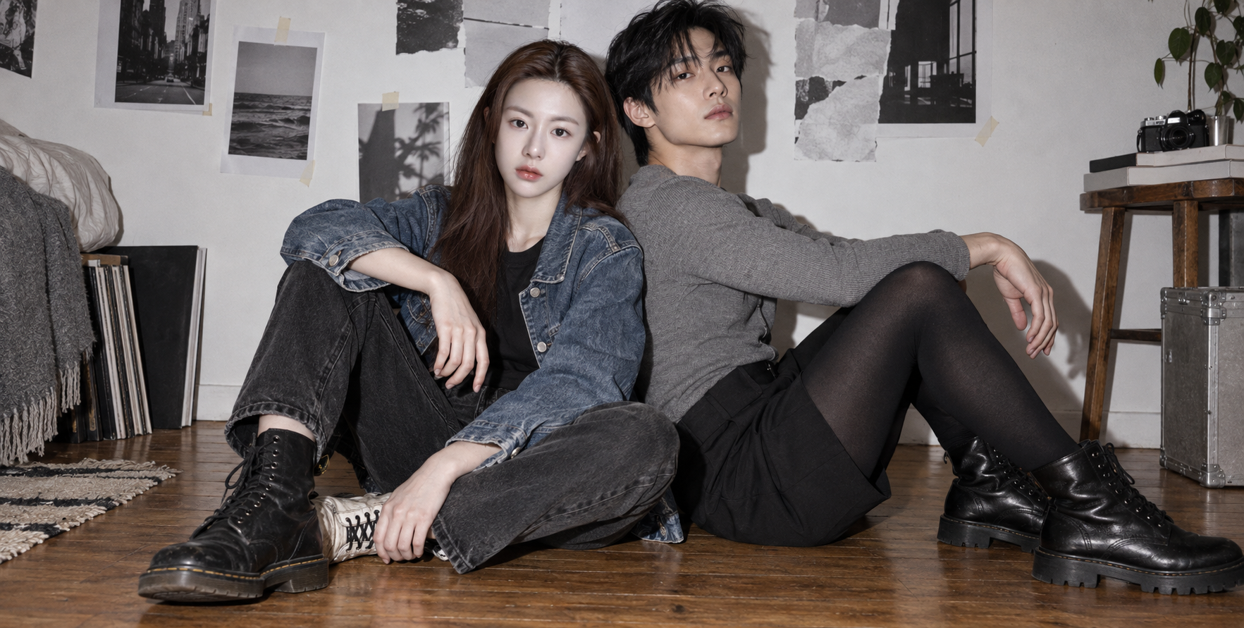 Duo en denim éditorial dans un studio d'appartement au flash