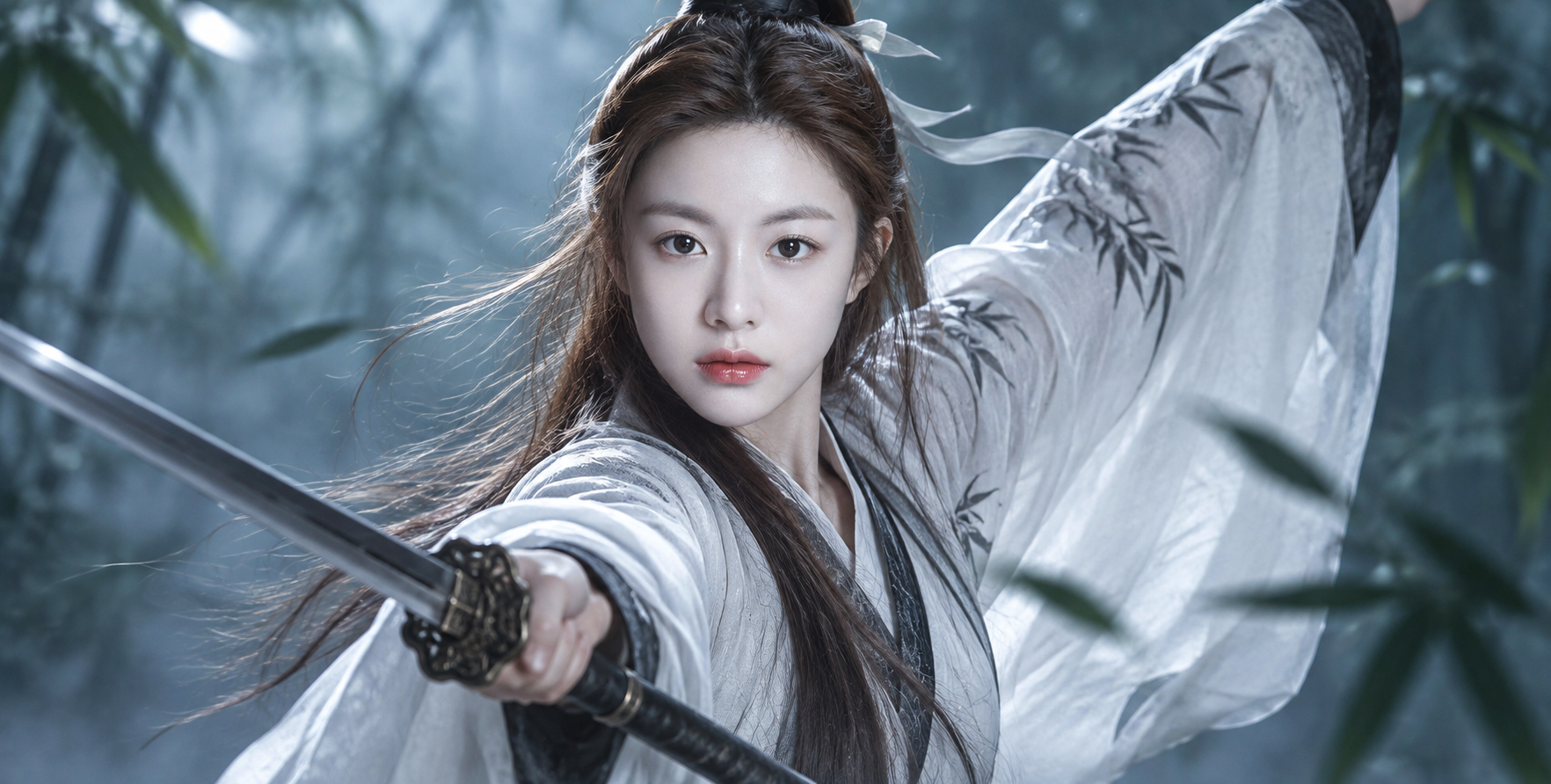 Portrait Close-up of a White-Robed Swordsman in Eastern Wuxia