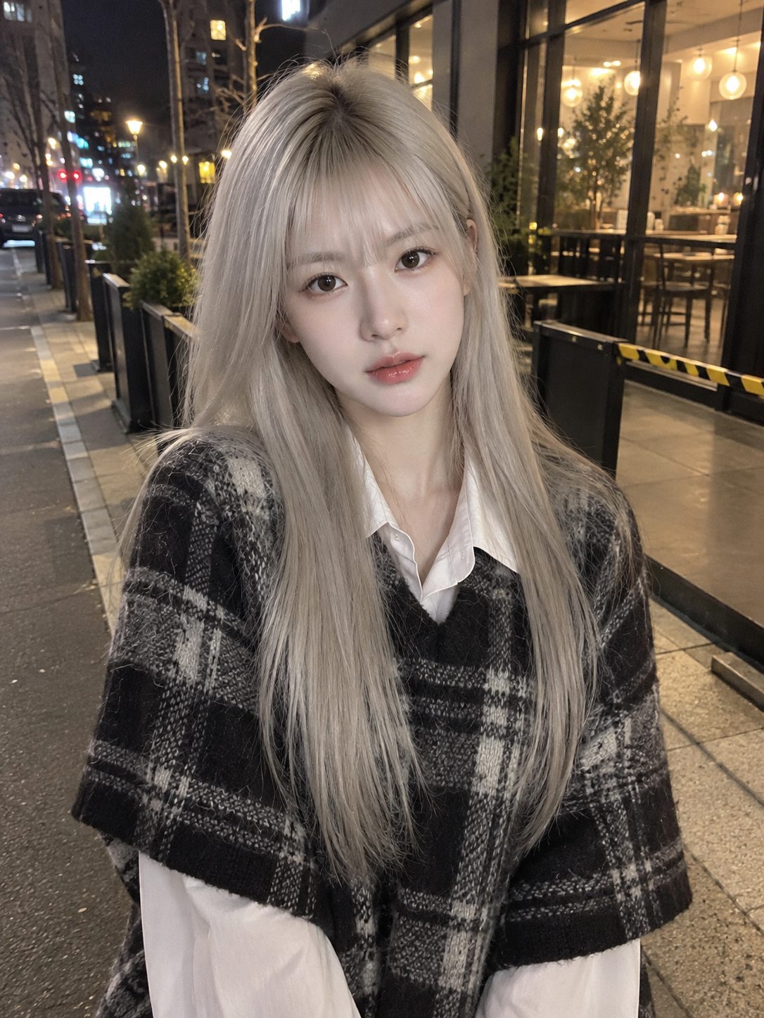 Photo de rue hyperréaliste d'une fille blonde platine au téléphone
