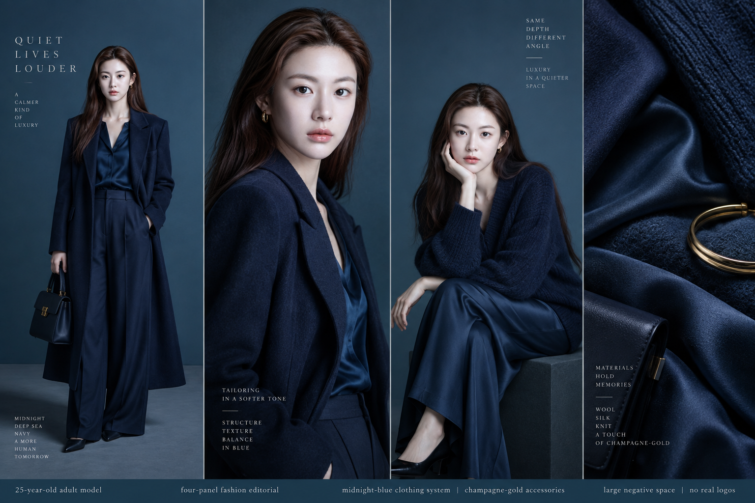 Midnight Blue and Champagne Gold Four-Panel Adult Fashion Editorial