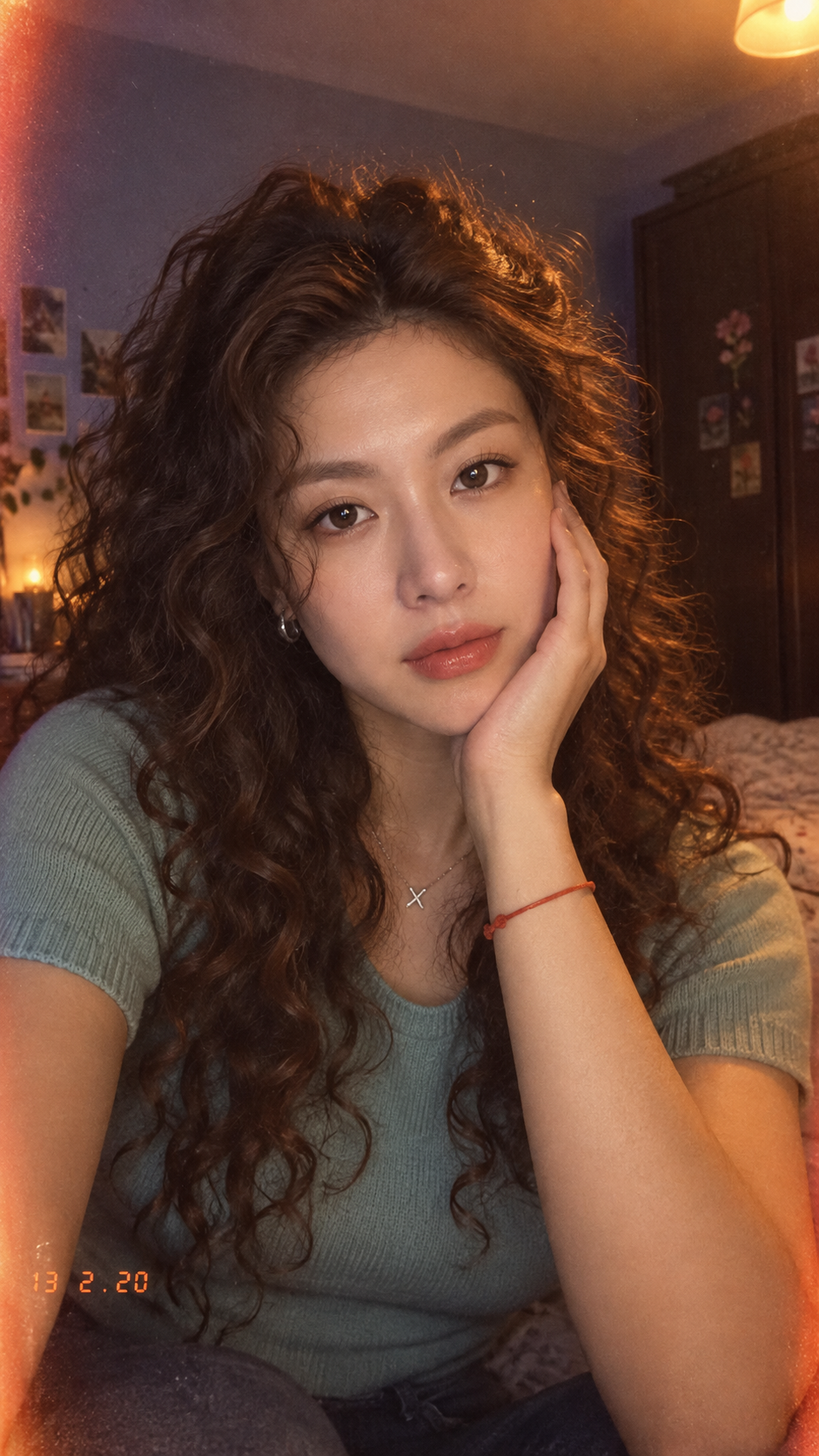Ảnh selfie đầy hoài niệm của người lớn tóc xoăn trong phòng ngủ