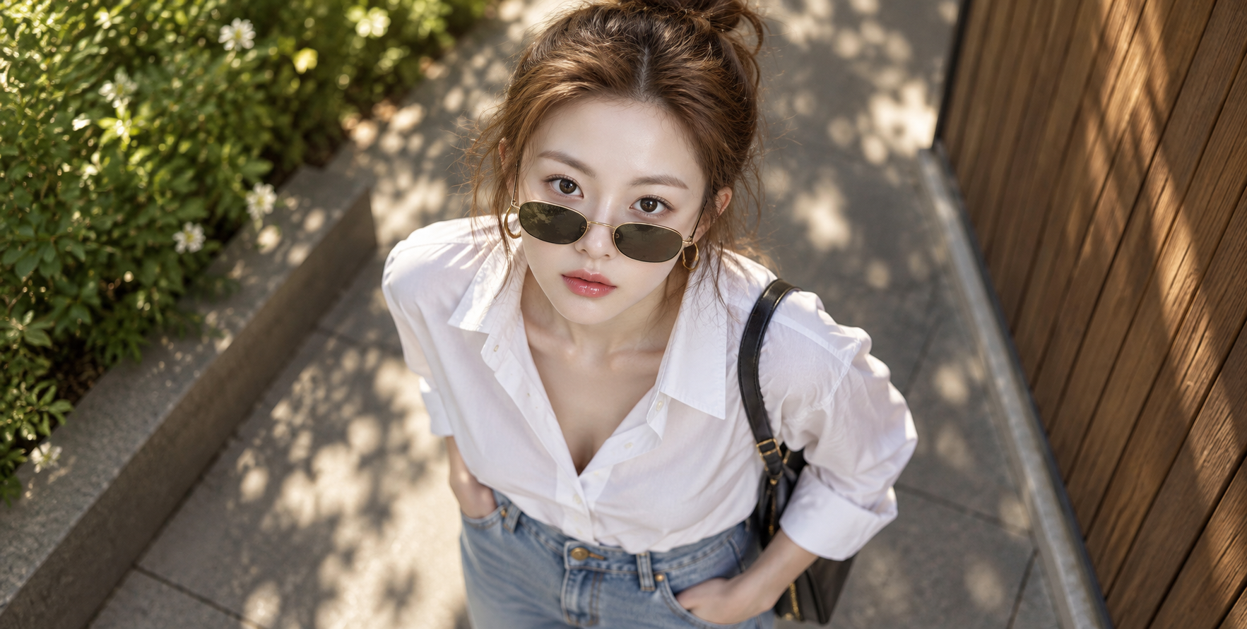 Hyperrealistic Fashion Woman Outdoor Overhead Portrait