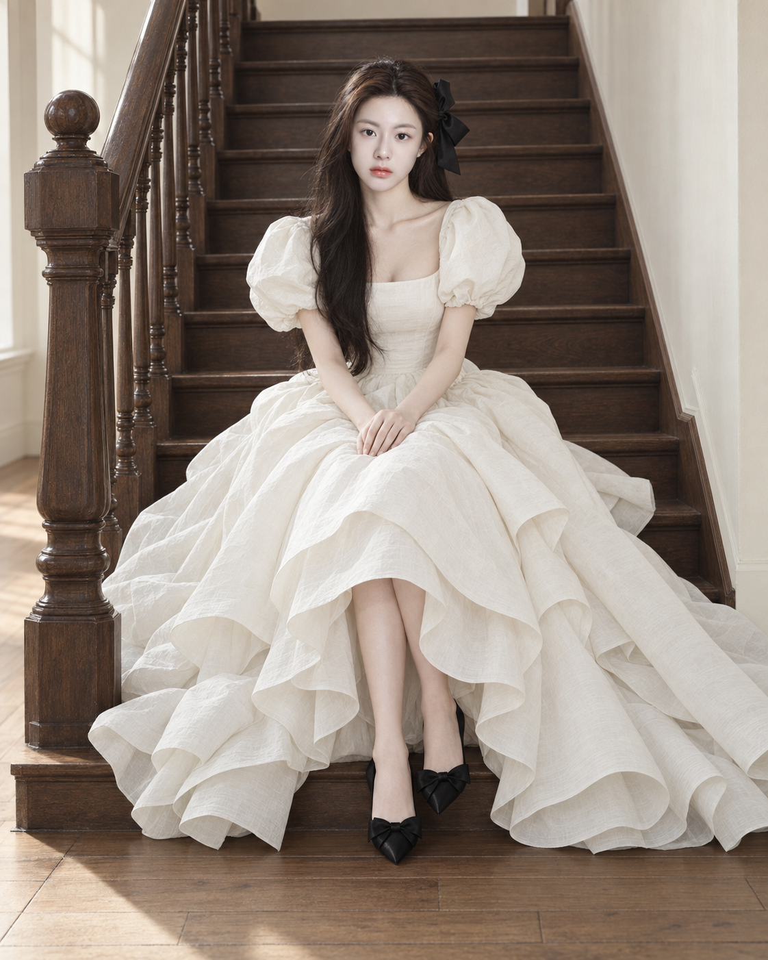 East Asian Woman Fashion Portrait in Minimalist European Staircase