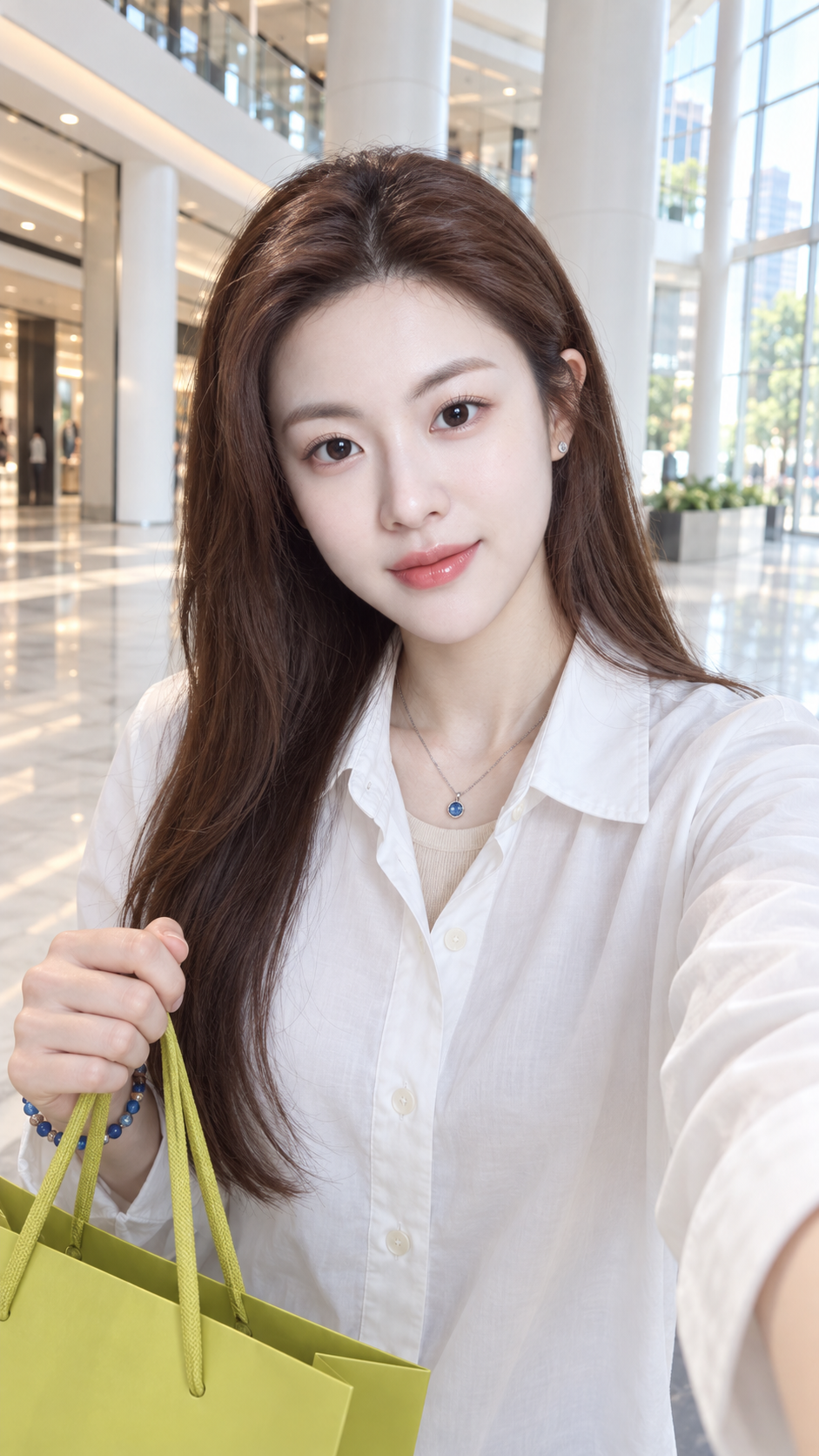 Phụ nữ trưởng thành selfie mua sắm trong sảnh trung tâm thương mại sáng sủa