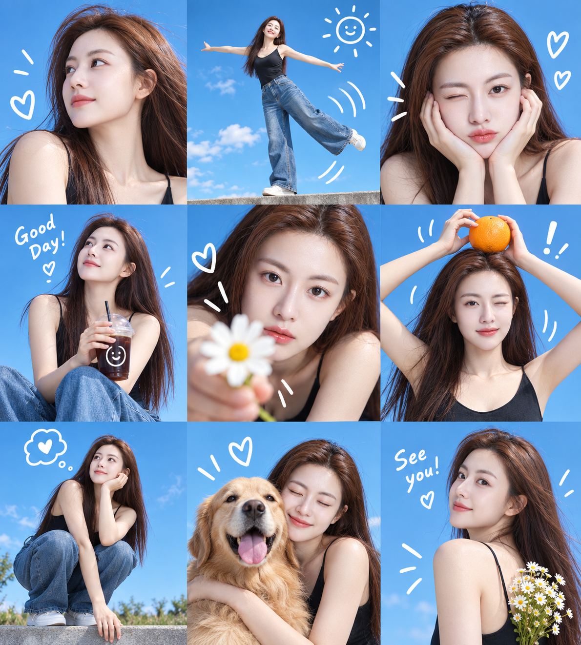Collage de photos et gribouillages de Gao Yuanyuan en neuf cases d'actions continues